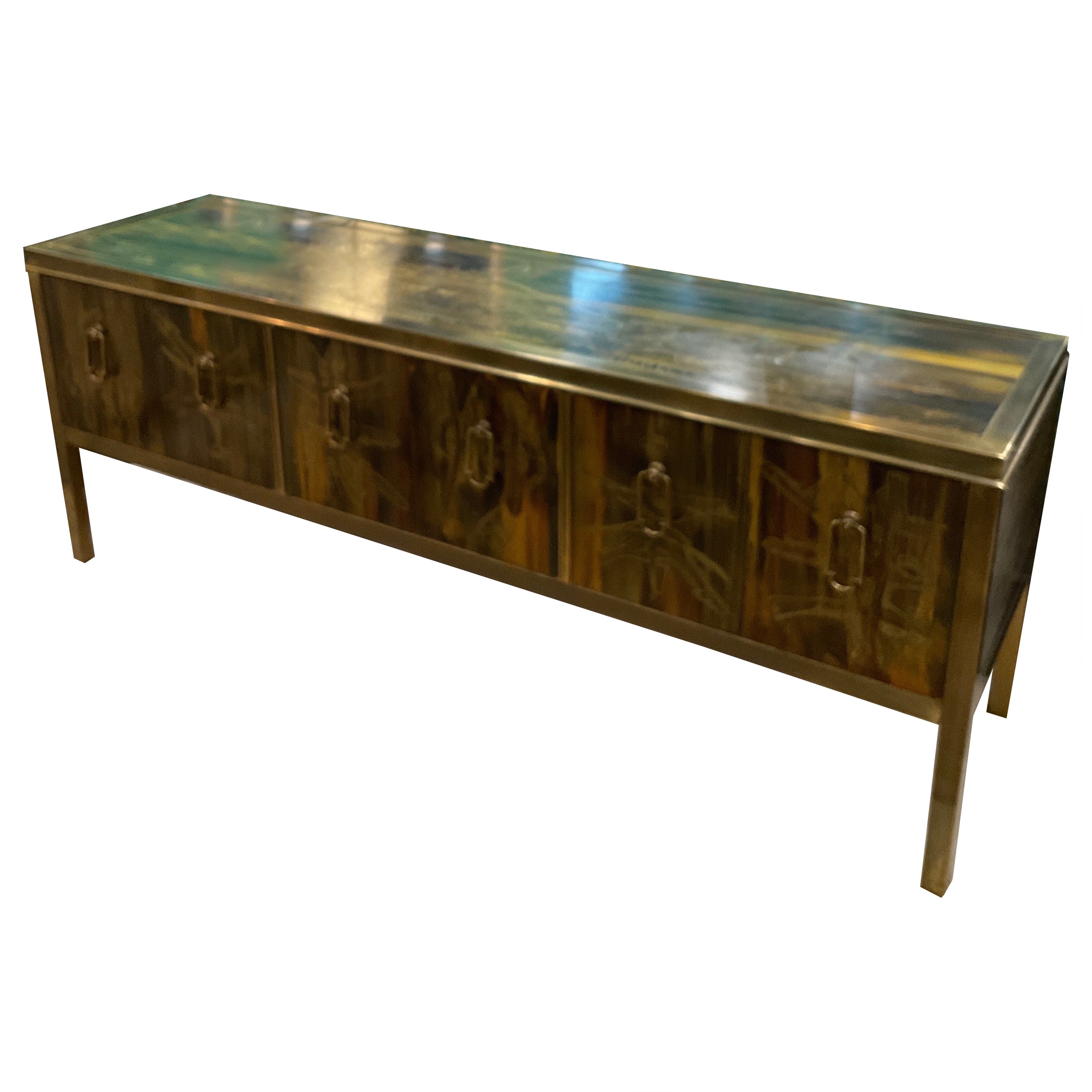 Acid Etched Brass Console by Bernhard Rohne for Mastrrcraft For Sale