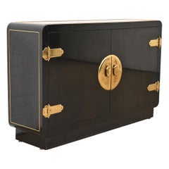 Mastercraft Hollywood Regency Black Lacquer and Brass Bar Cabinet, 1970s