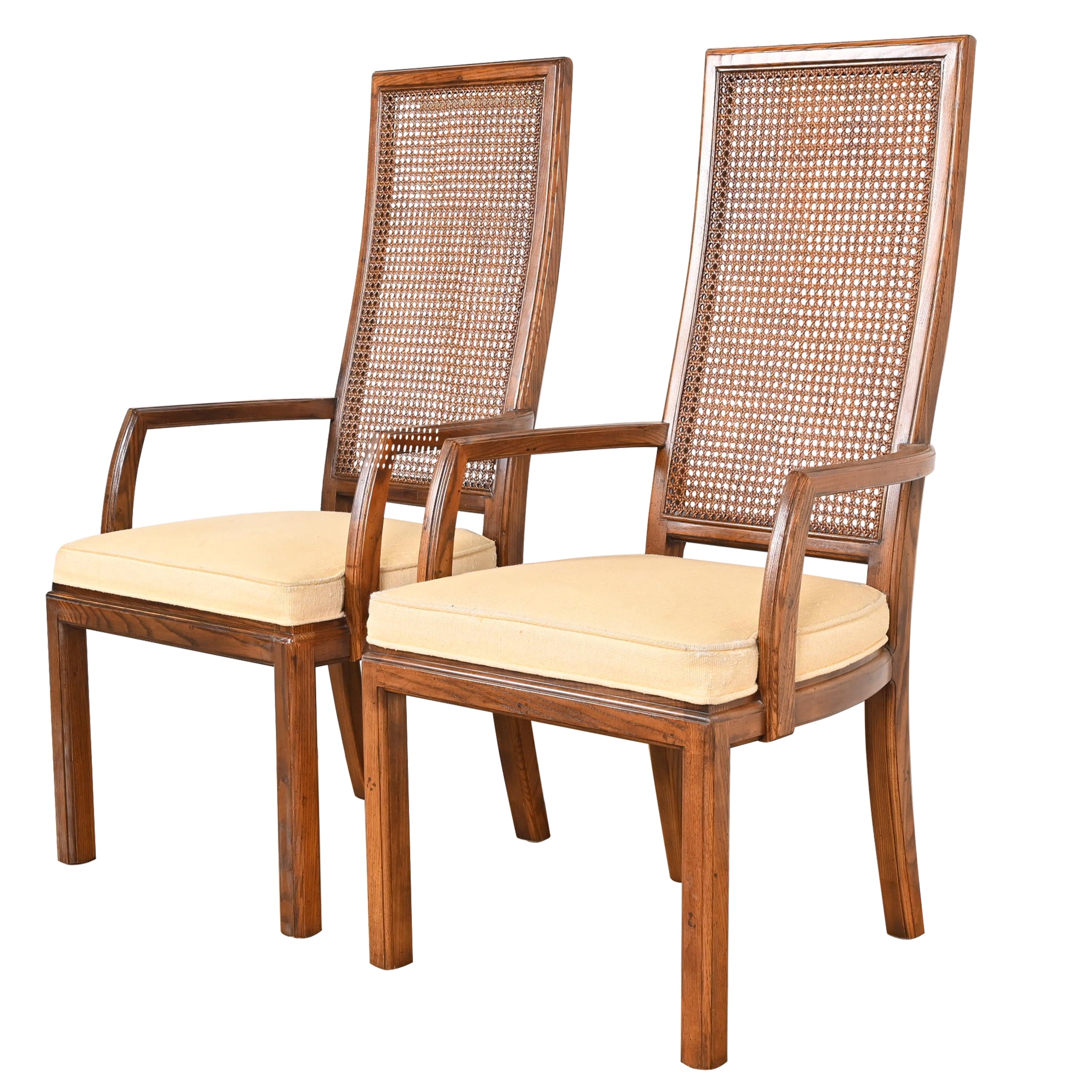 Henredon Mid-Century Modern Oak and Cane High Back Dining Arm Chairs, Pair For Sale