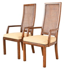 Henredon Mid-Century Modern Oak and Cane High Back Dining Arm Chairs, Pair