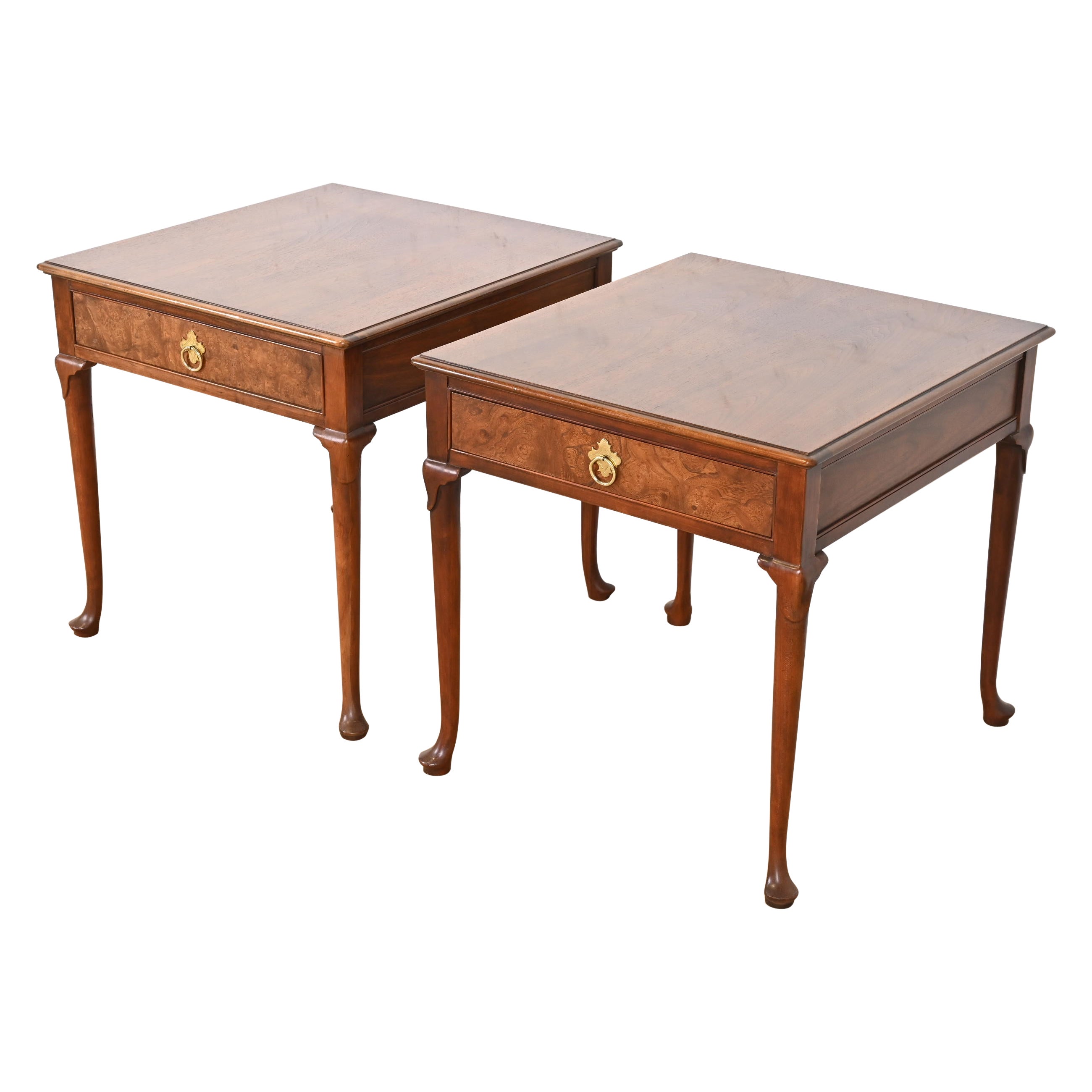Baker Furniture Regency Burled Walnut Nightstands or Side Tables, Pair For Sale