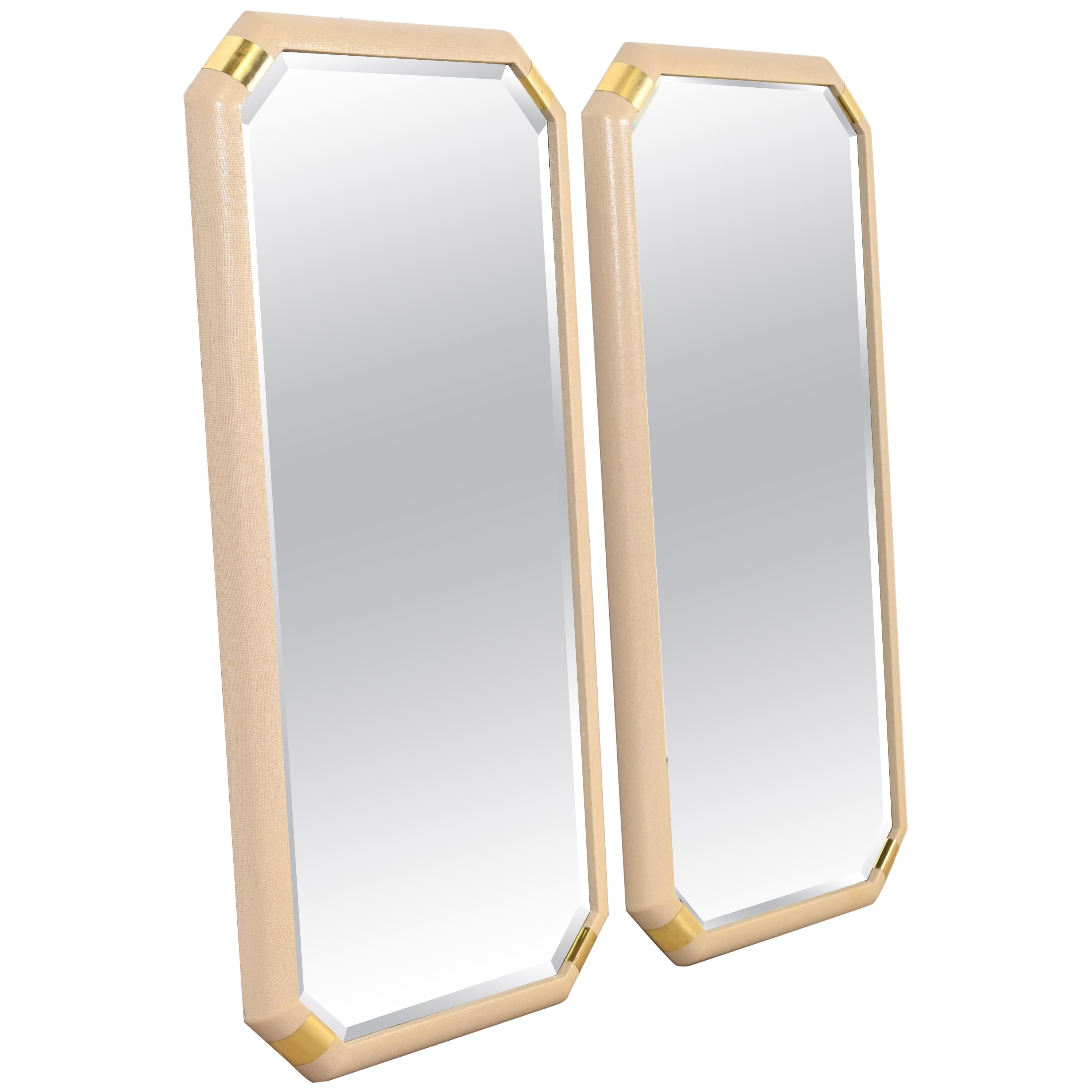 Romweber Hollywood Regency Lacquered Grasscloth and Brass Wall Mirrors, Pair For Sale