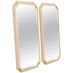 Retro Romweber Hollywood Regency Lacquered Grasscloth and Brass Wall Mirrors, Pair