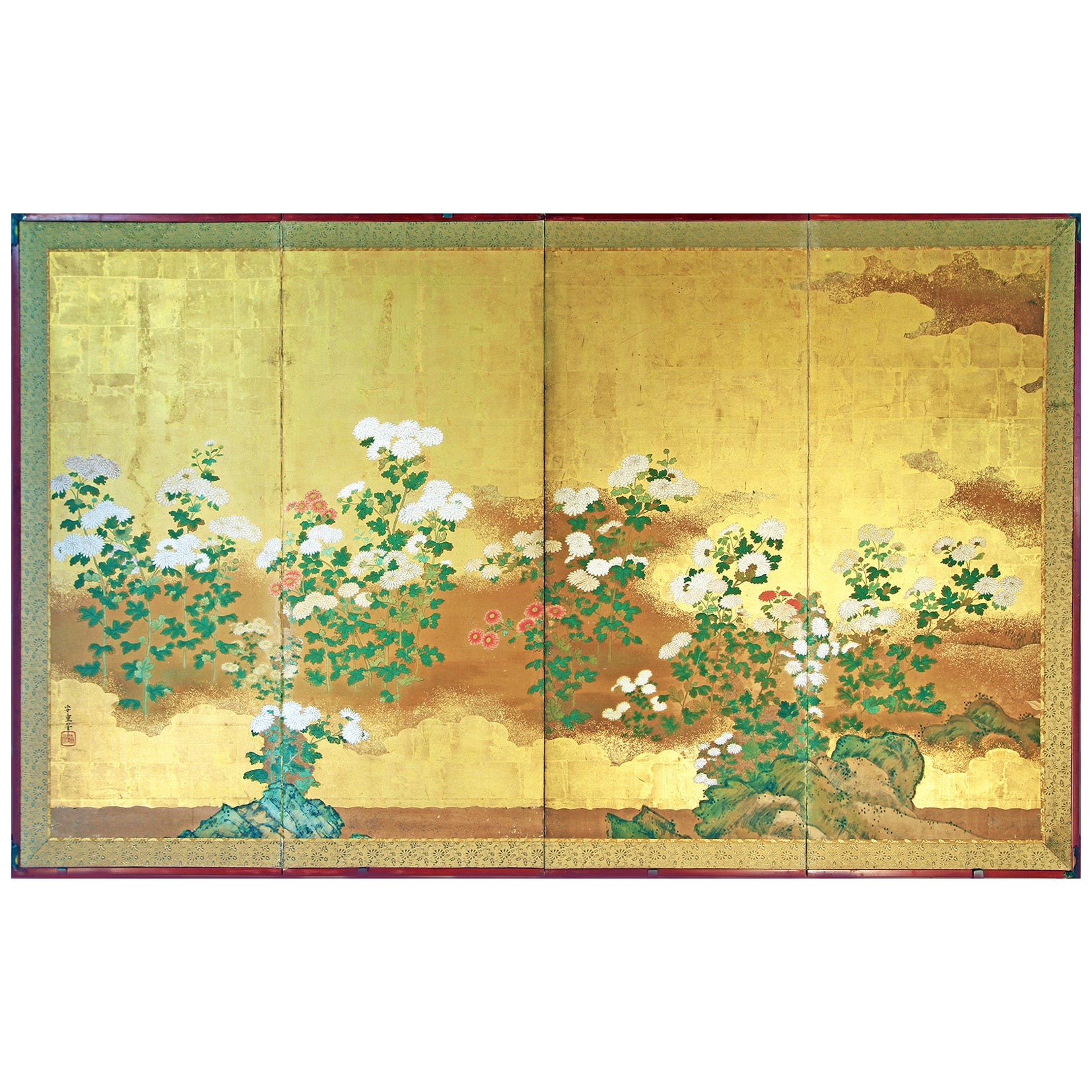 Four-panel golden screen of Rinpa school For Sale