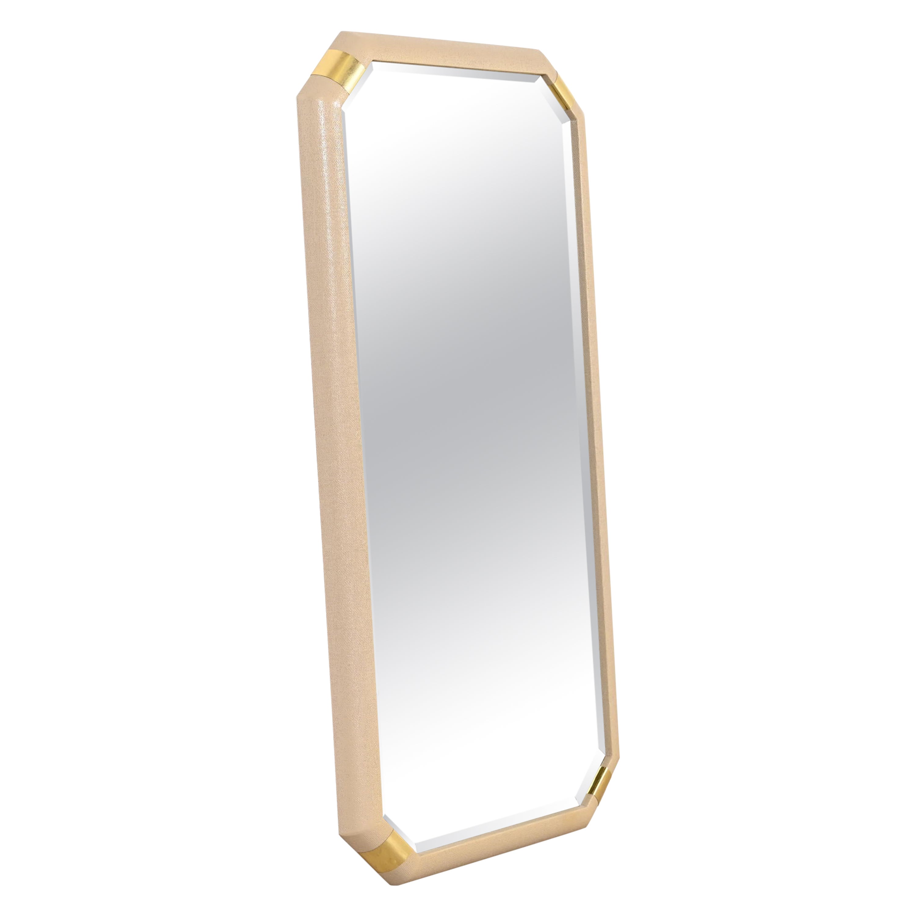 Romweber Hollywood Regency Lacquered Grasscloth and Brass Wall Mirror For Sale