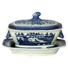 Antique 19th Century Chinese Blue Canton Porcelain Tureen