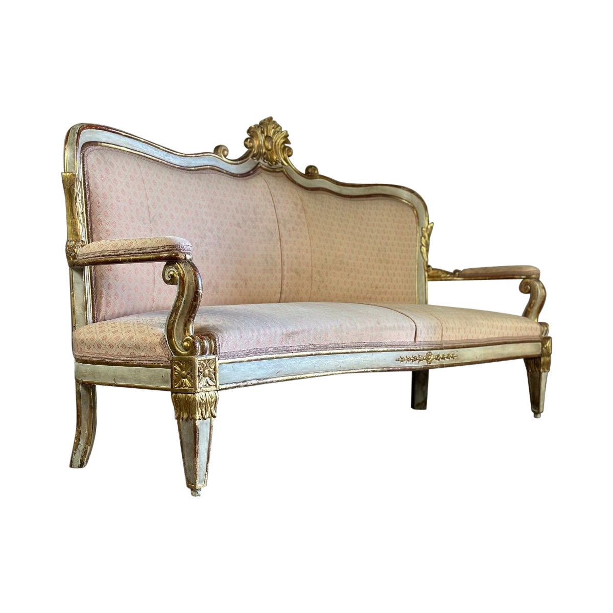 Baroque Style Bench In Golden And Painted Wood For Sale