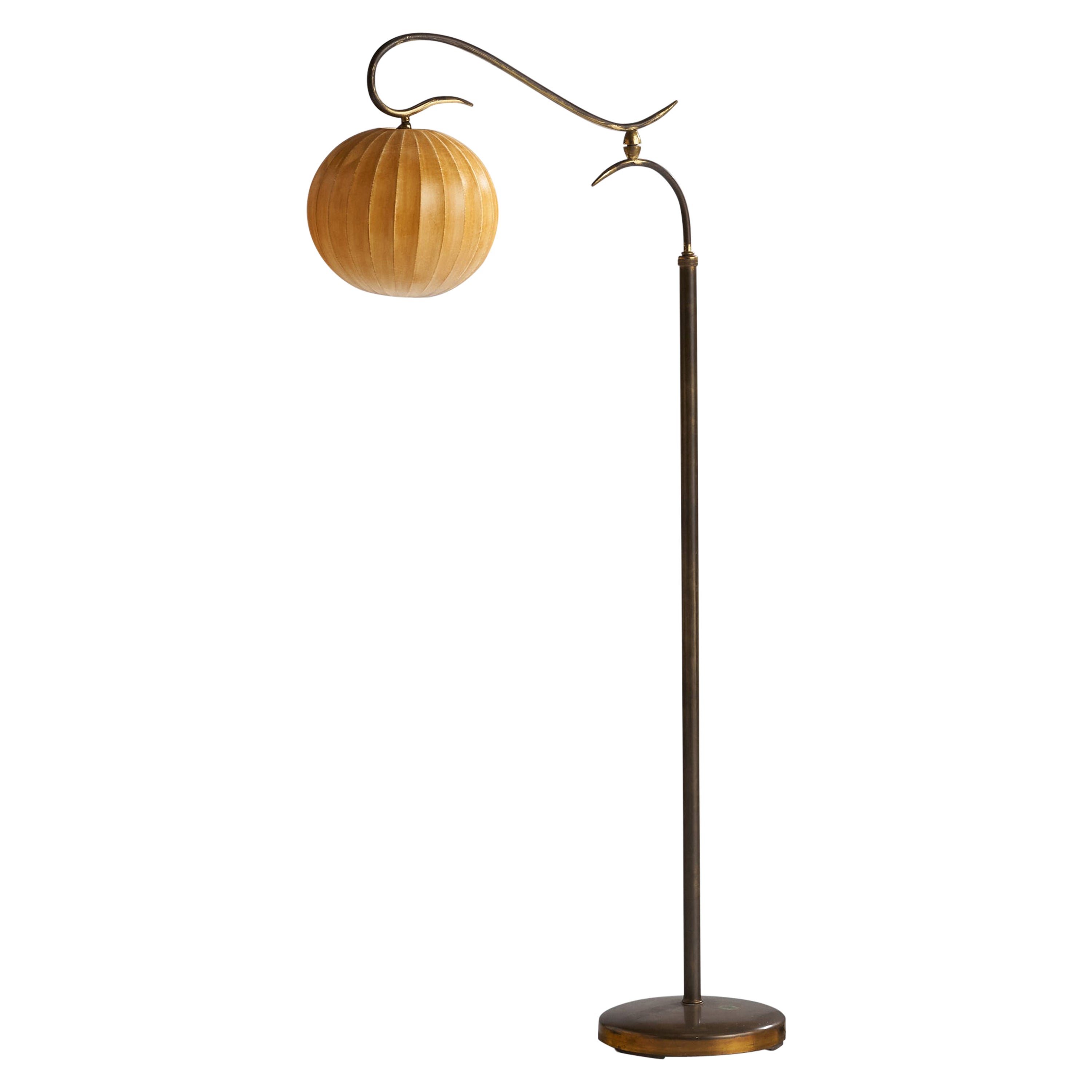 Italian Designer, Floor Lamp, Brass, Cotton, Italy, 1930s For Sale
