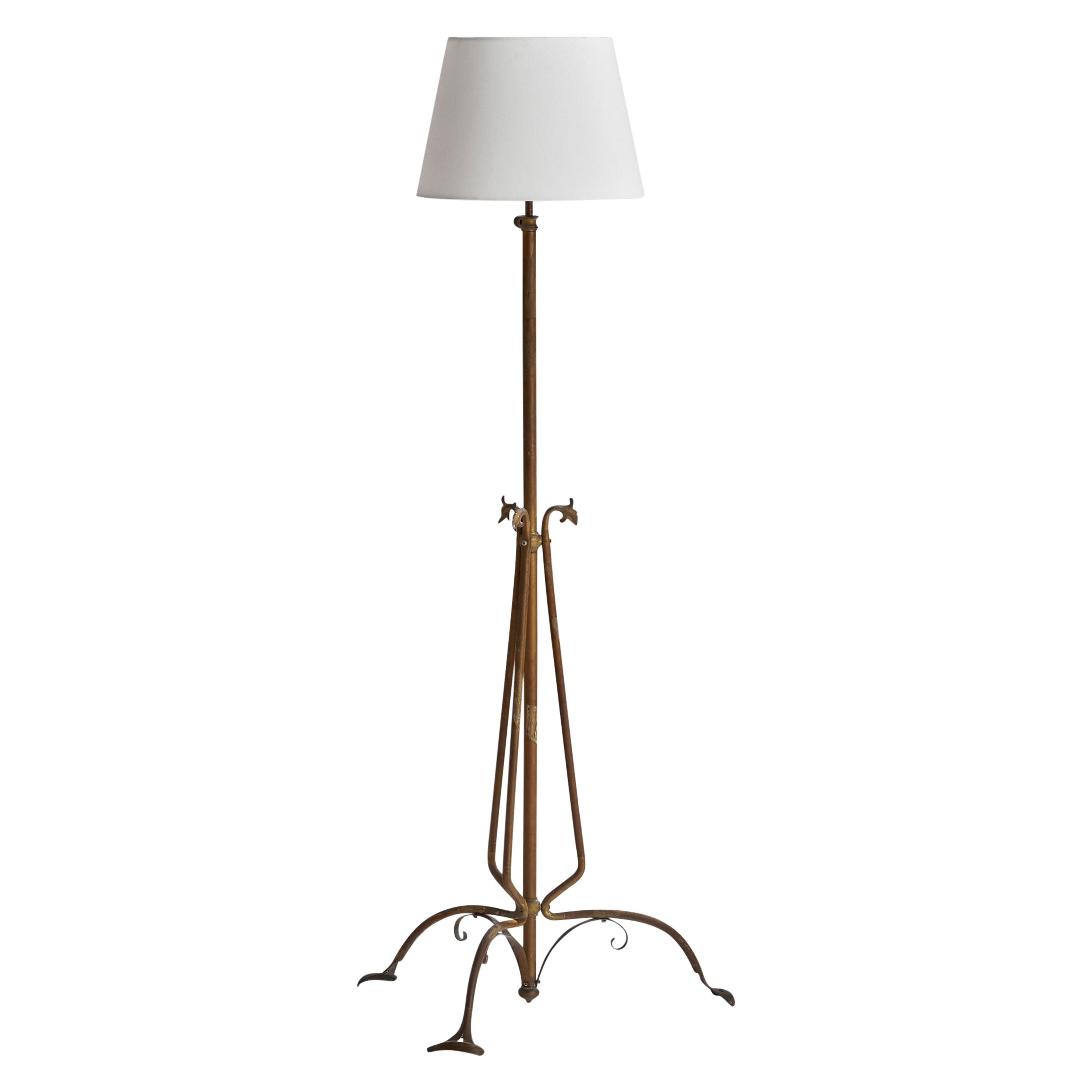 Italian Designer, Floor Lamp, Brass, Fabric, Italy, 1910s For Sale