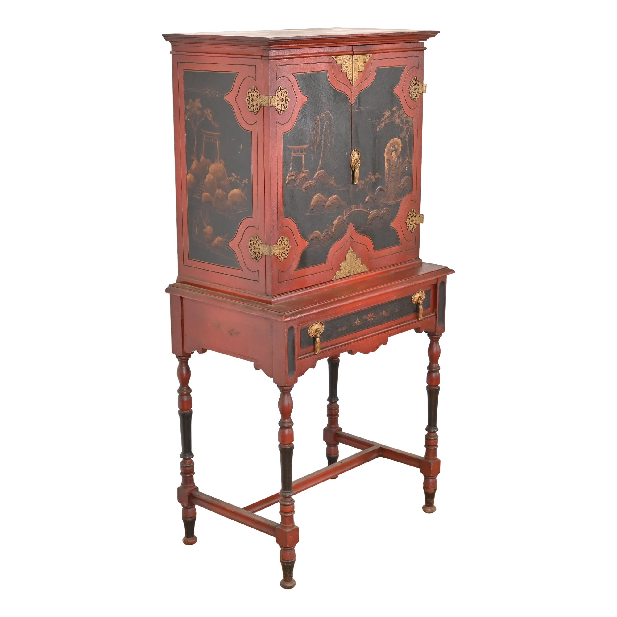 Antique Chinoiserie Jacobean Red Lacquered Hand Painted Bookcase or Bar Cabinet For Sale