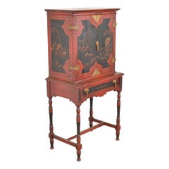 Antique Chinoiserie Jacobean Red Lacquered Hand Painted Bookcase or Bar Cabinet