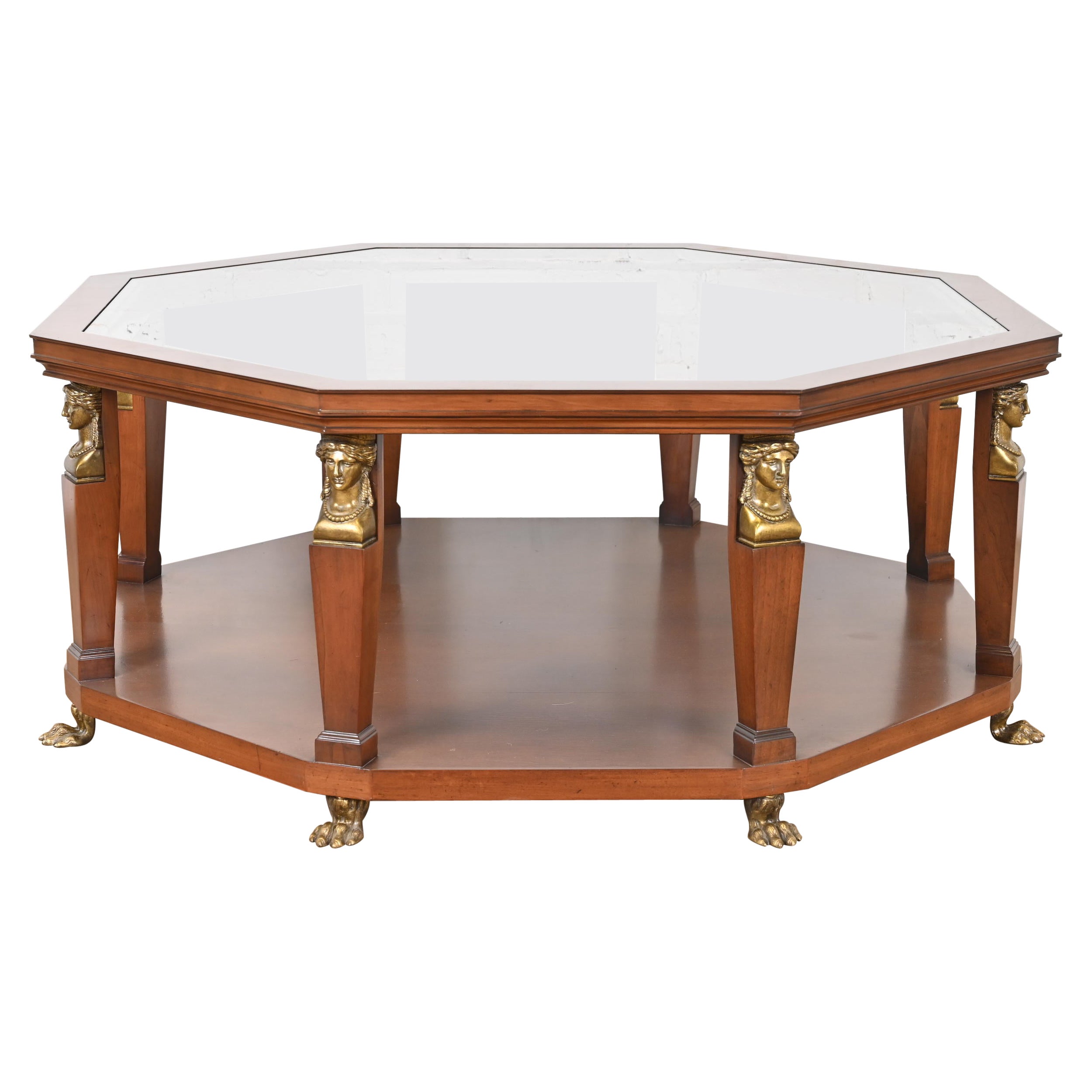 Baker Furniture Egyptian Revival Walnut and Brass Octagonal Cocktail Table For Sale