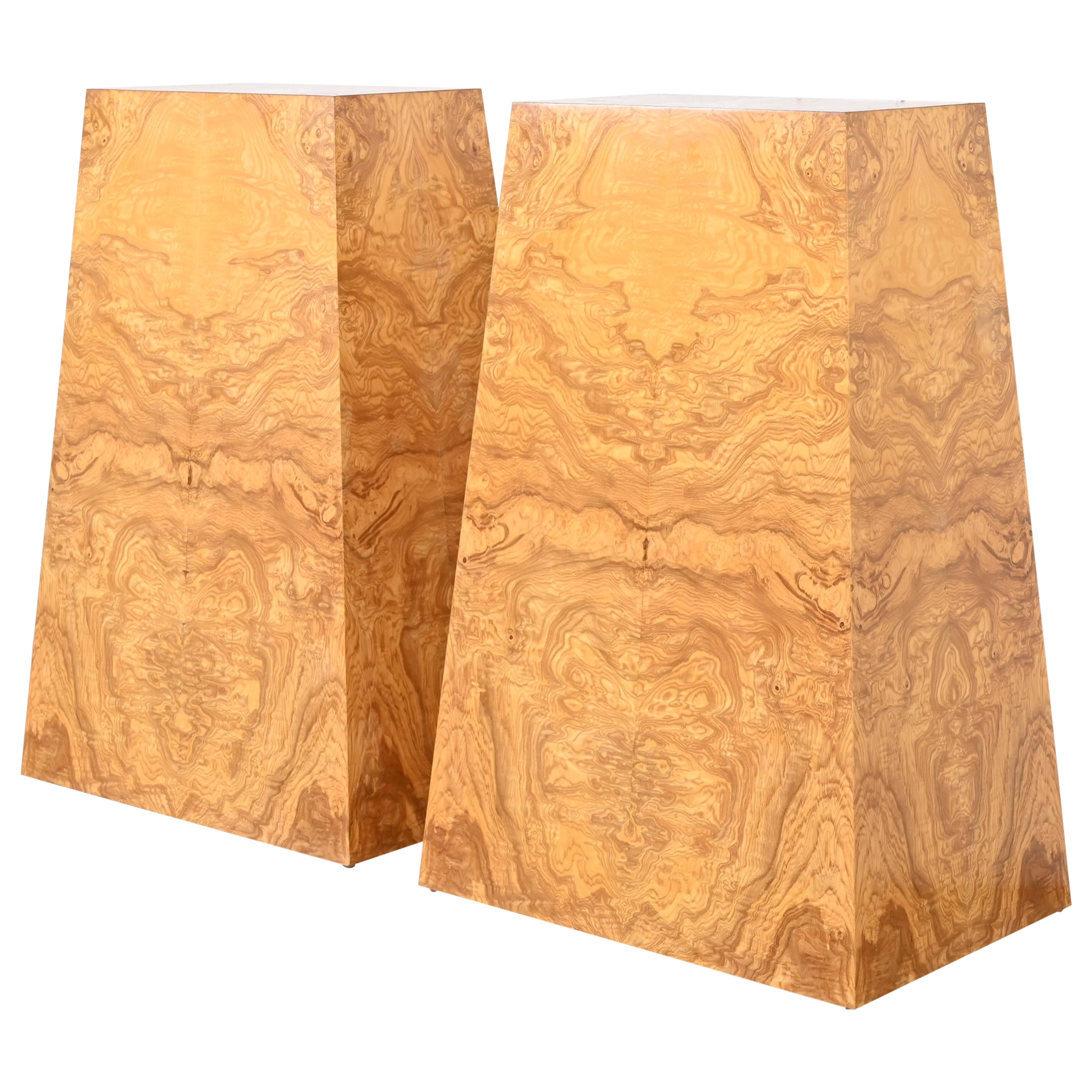 Milo Baughman Style Mid-Century Modern Burl Wood Pedestals, Pair For Sale