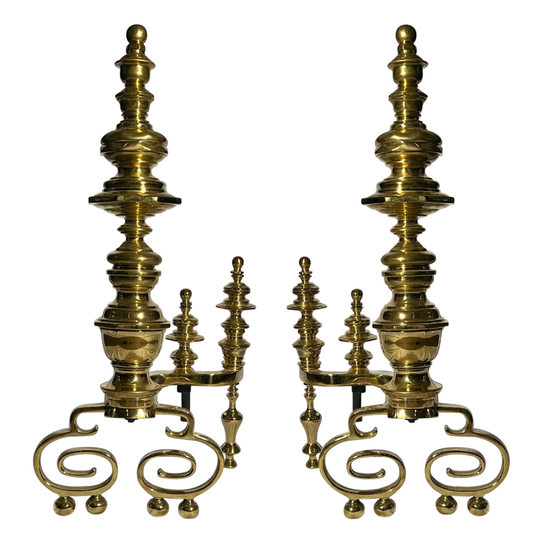 Pair Antique English Solid Brass Andirons, Circa 1850-1870. For Sale
