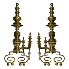 Pair Antique English Solid Brass Andirons, Circa 1850-1870.