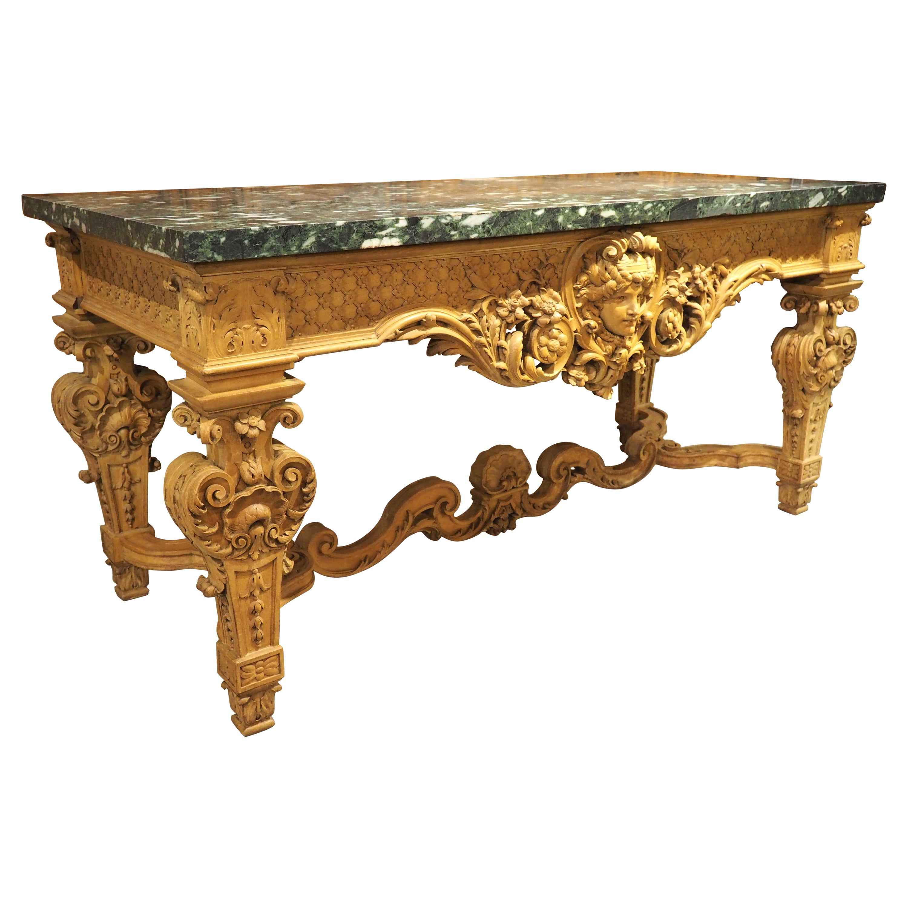 Antigua Consola Francesa Estilo Luis XIV en Nogal Rubio y Mármol, Circa 1880 en venta