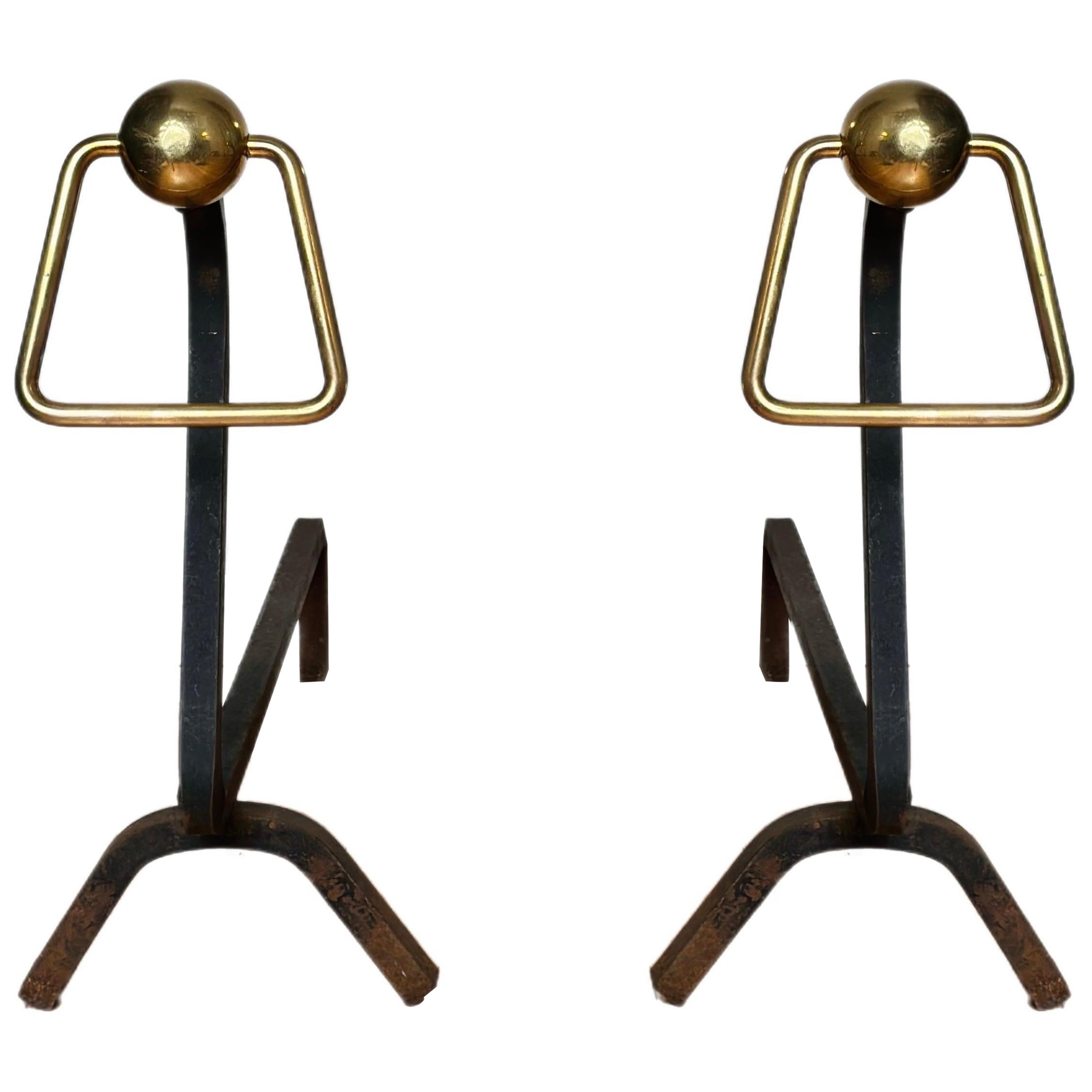 1940s Modernist Jacques Adnet Style Wrought Iron and Brass Andirons - a Pair