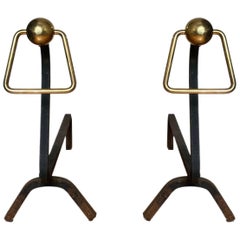 Vintage 1940s Modernist Jacques Adnet Style Wrought Iron and Brass Andirons - a Pair