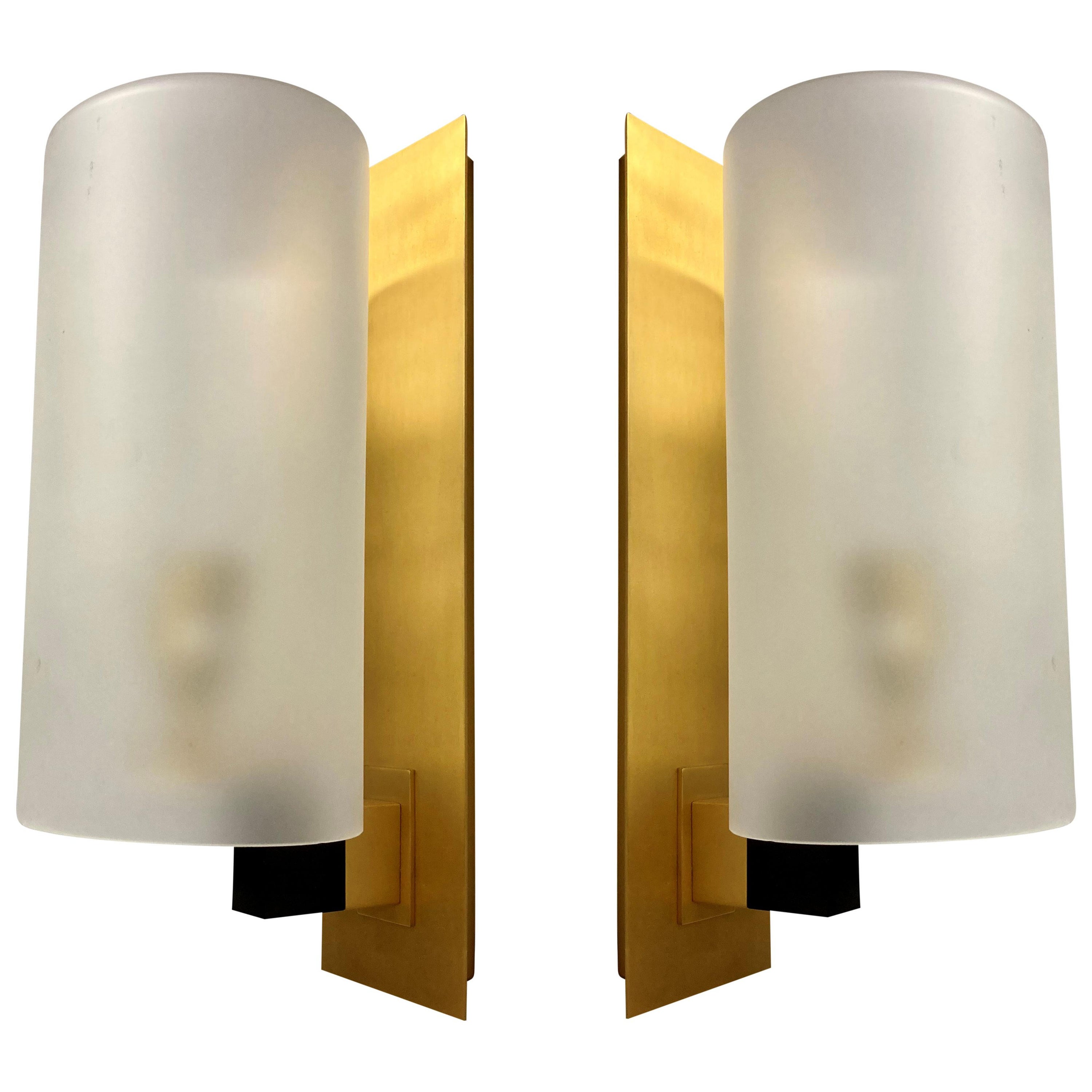 Pair Of Midcentury Brushed Brass & Frosted Glass Wall Sconces For Sale