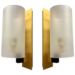 Pair Of Midcentury Brushed Brass & Frosted Glass Wall Sconces