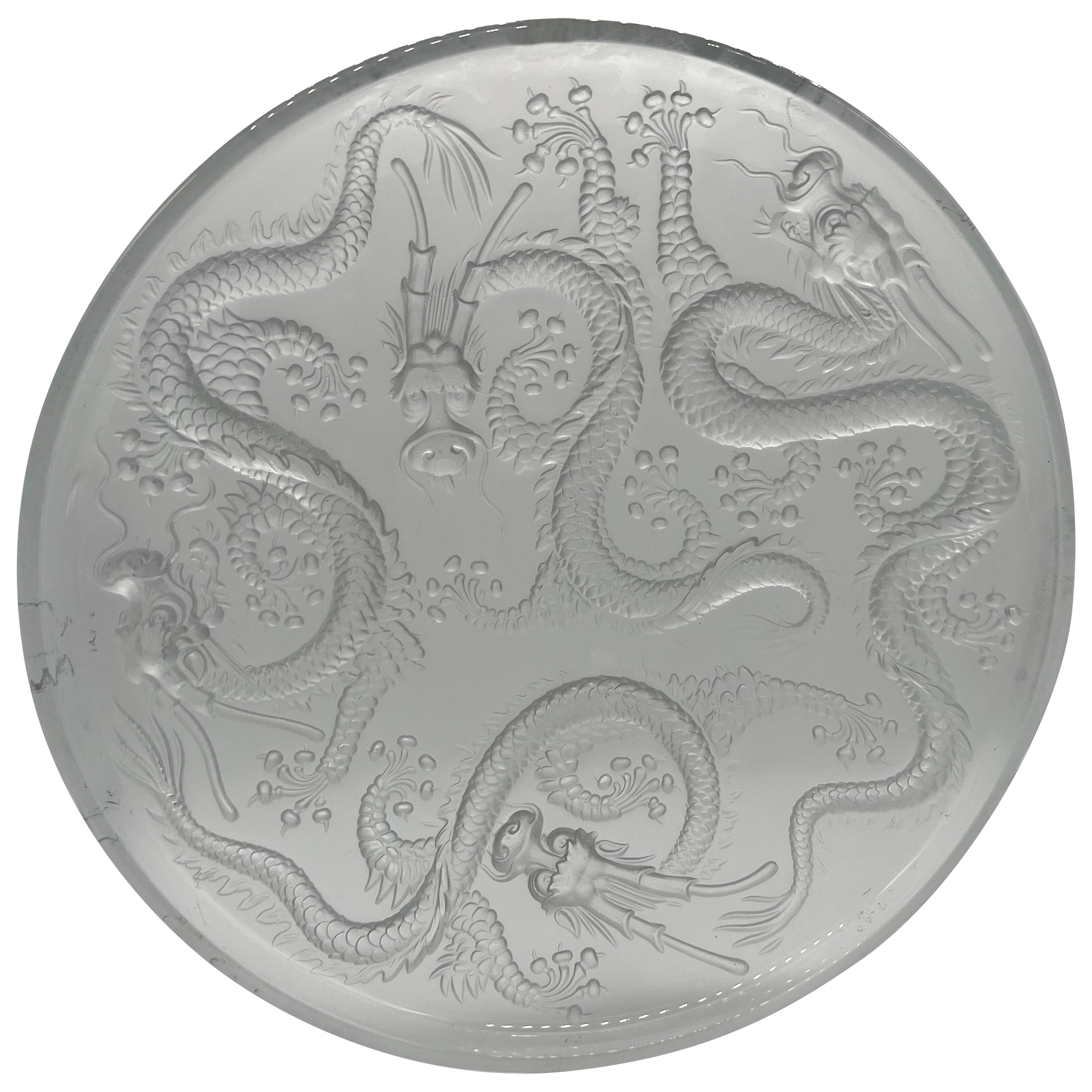 Grand plat en verre d'art Josef Inwald avec dragon à 5 griffes - Barolac Glass