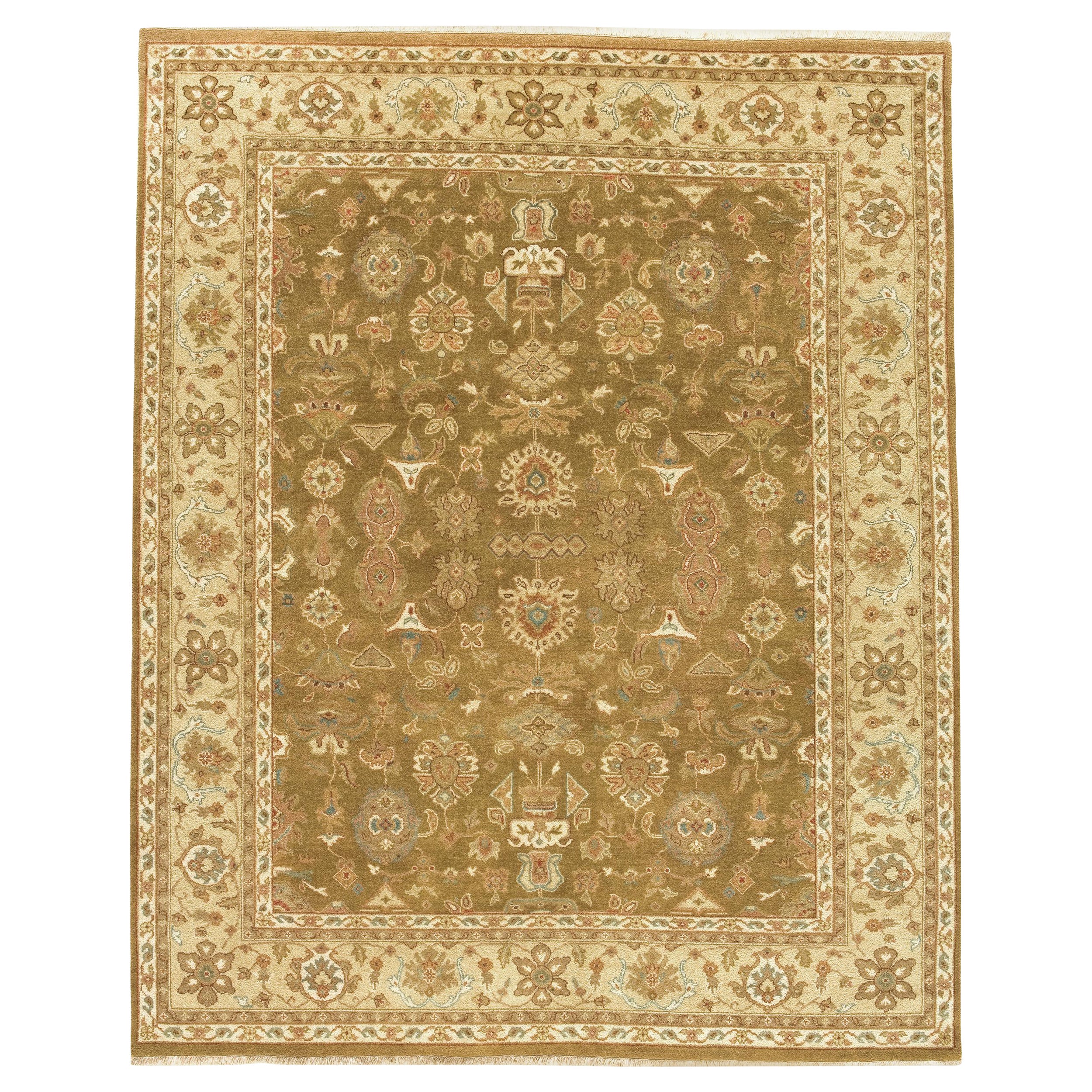 Luxury Traditional Hand-Knotted Mahal Camel & Gold 11x19 Rug For Sale