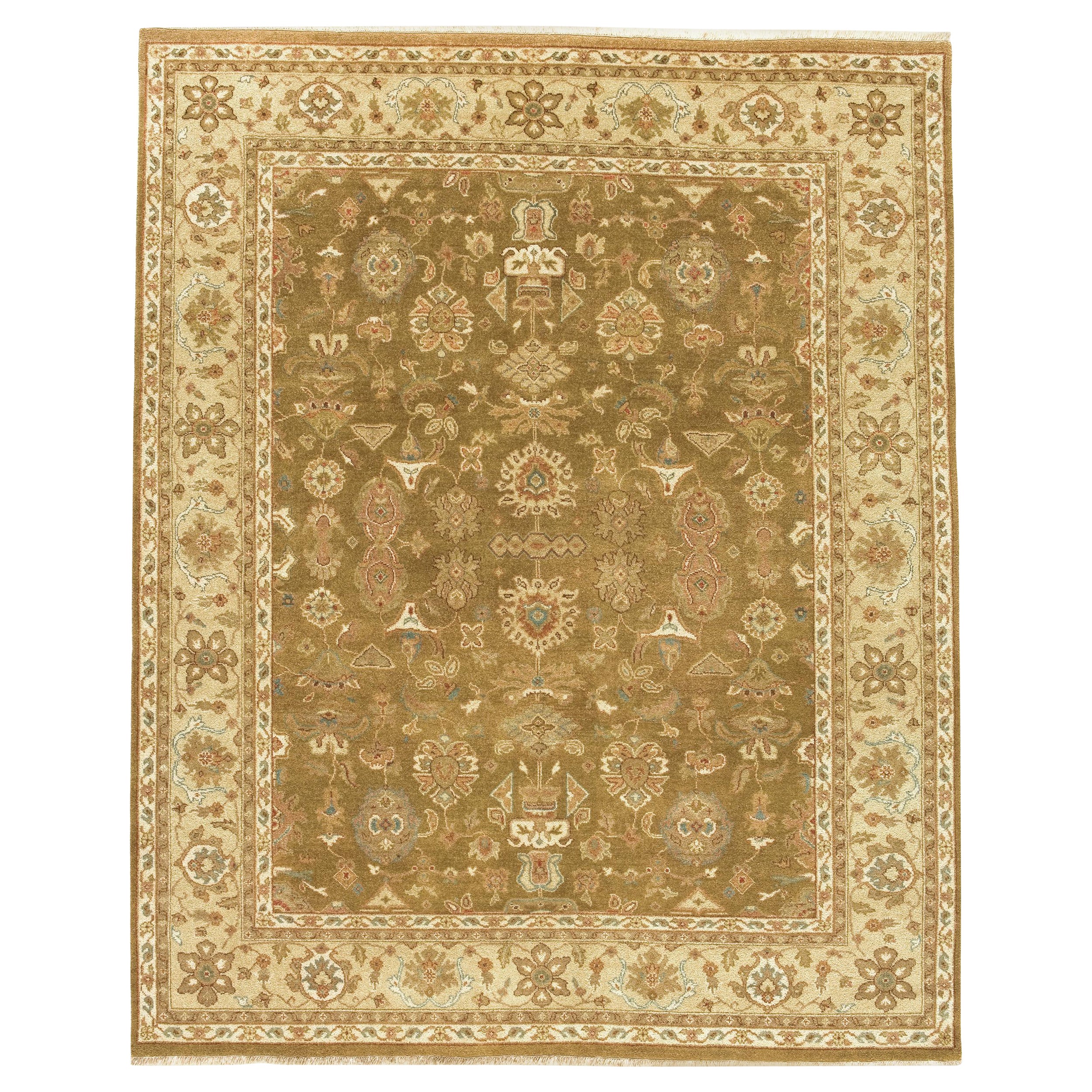 Tapis Mahal de luxe traditionnel noué à la main, camel et or 12x15