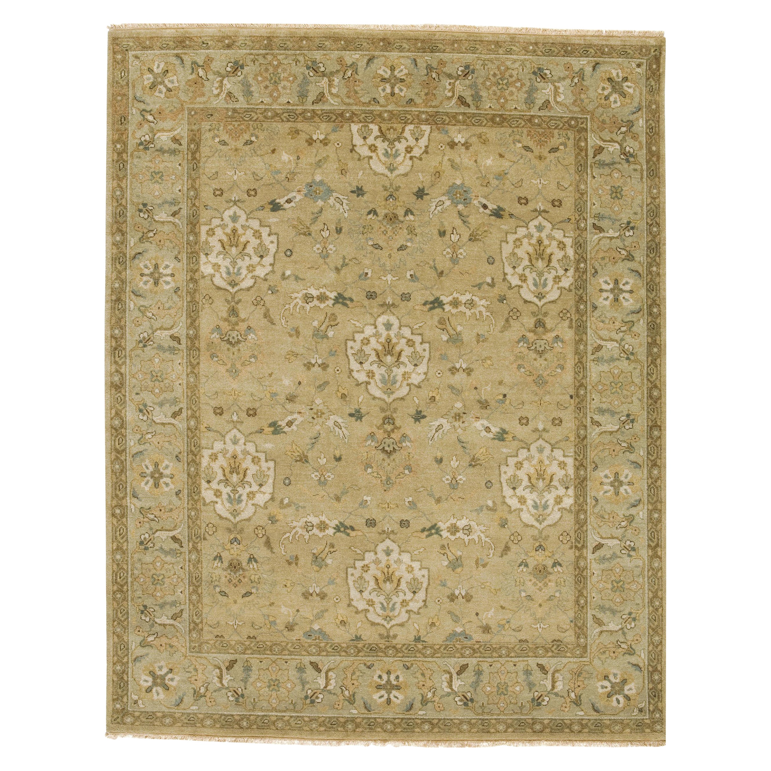 Luxury Traditional Hand-Knotted Shield Beige & Opal 12x22 Rug For Sale