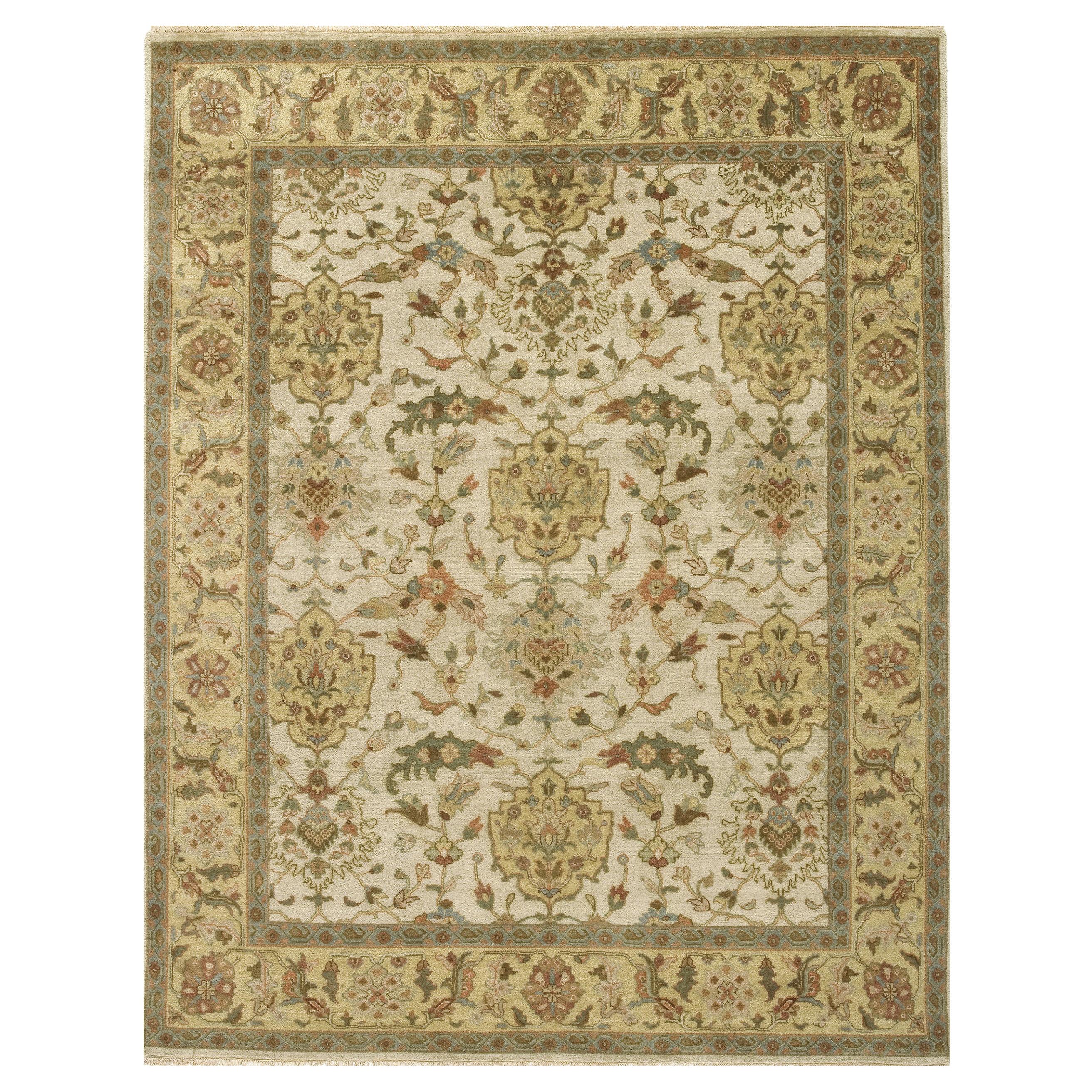 Luxury Traditional Hand-Knotted Shield Ivory & Light Gold 11x19 Rug