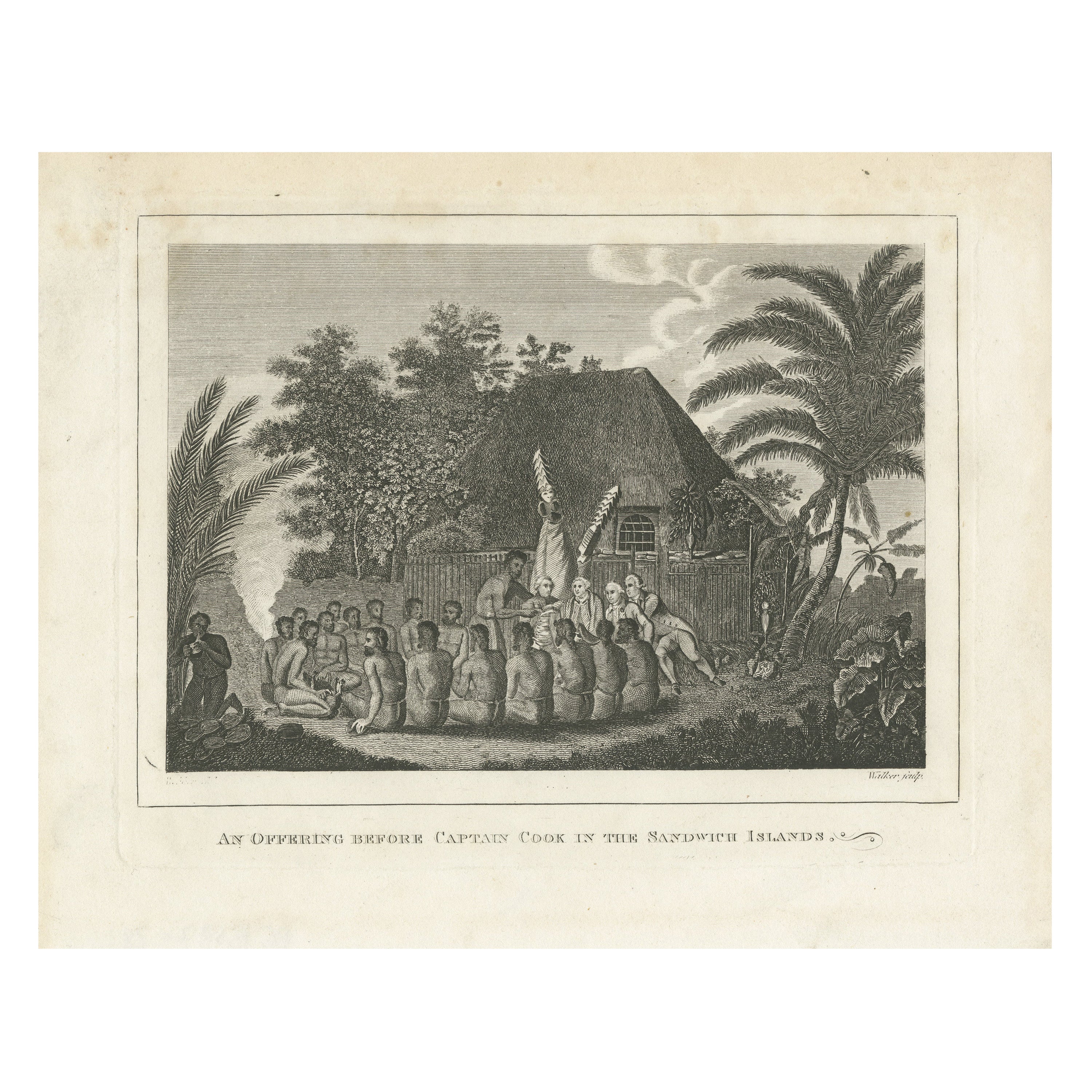 The Ceremonial Offering to Captain Cook in Hawaii, Engraved in 1778 For Sale