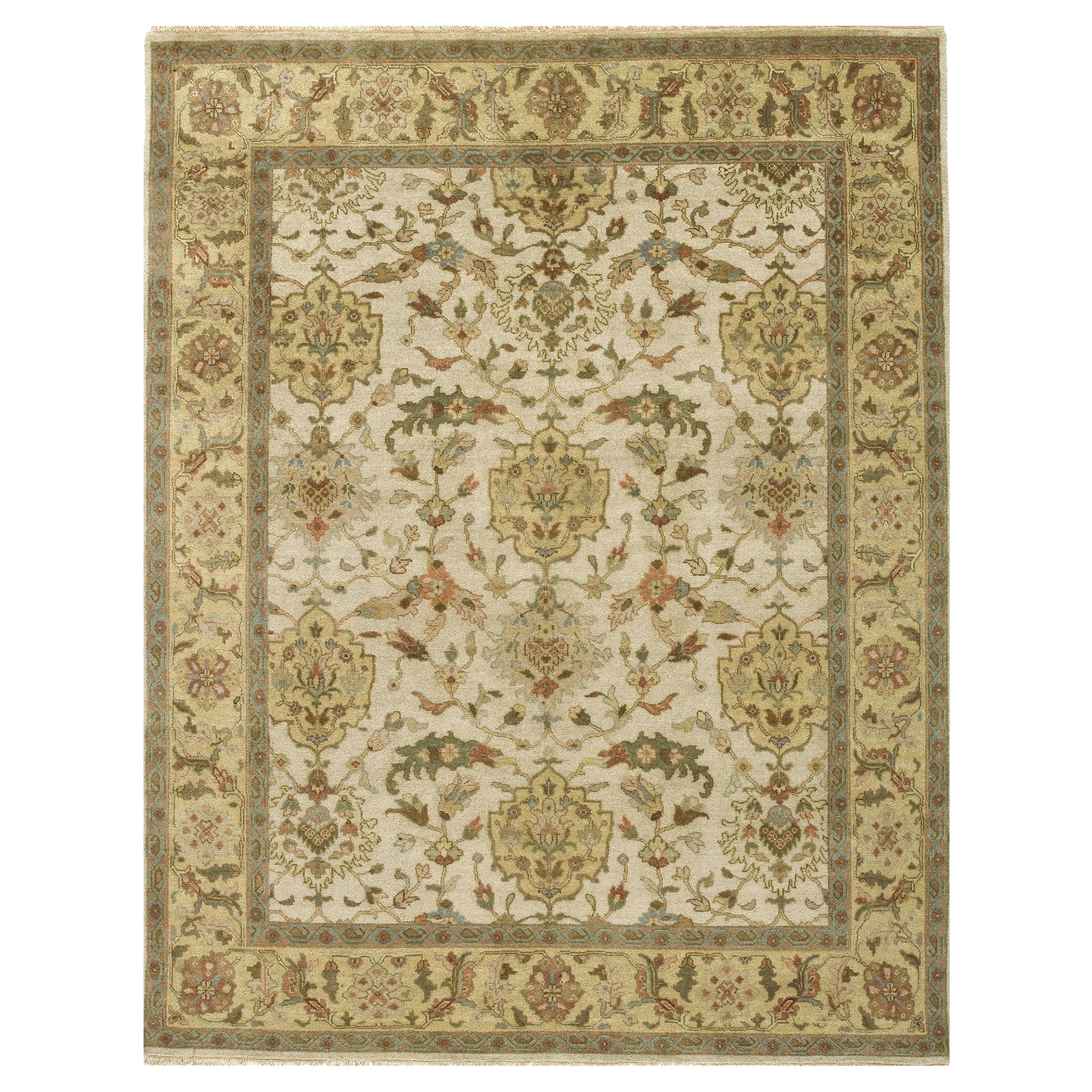 Luxury Traditional Hand-Knotted Shield Ivory & Light Gold 12x22 Rug For Sale