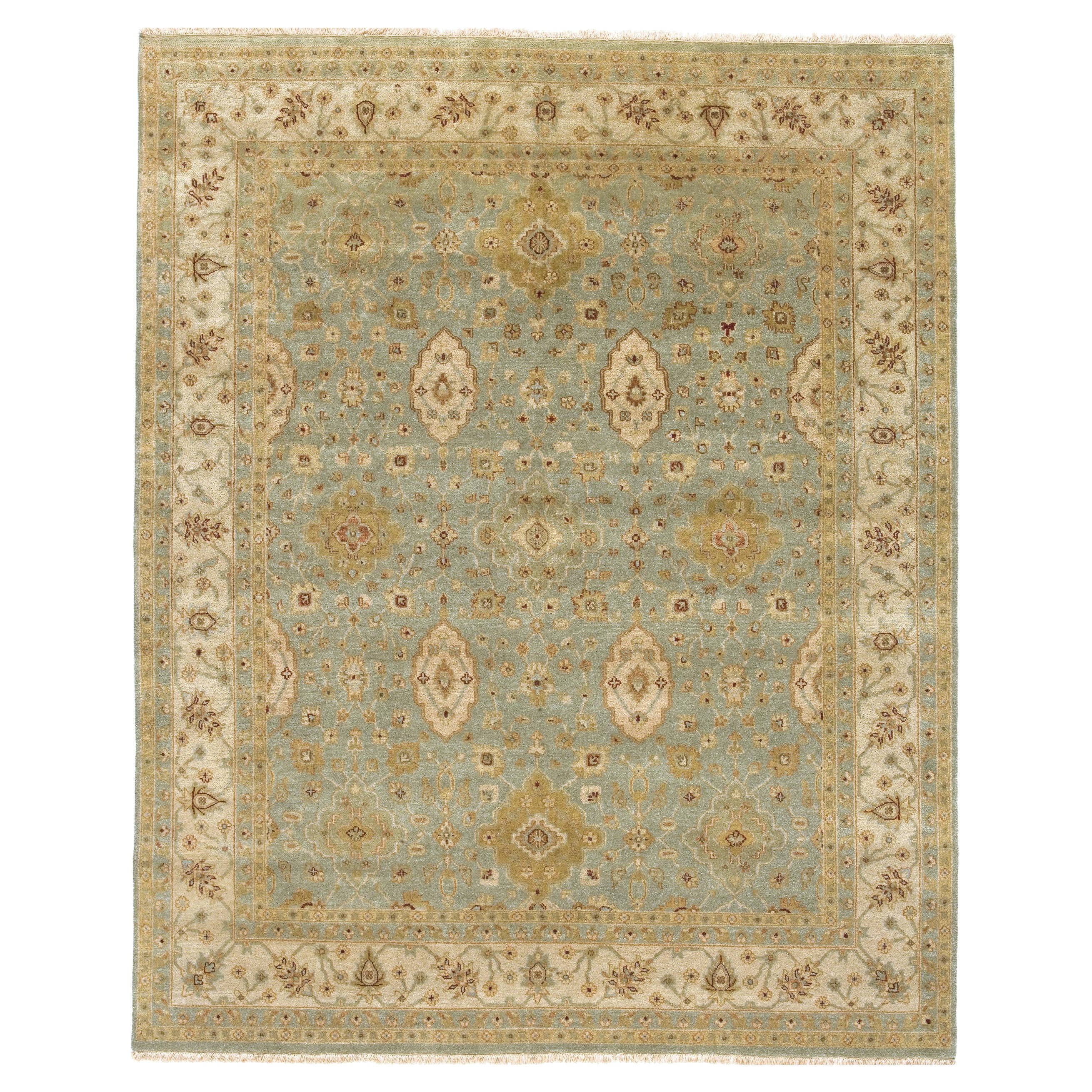 Luxury Traditional Hand-Knotted Vase Aqua & Beige 11x19 Rug For Sale