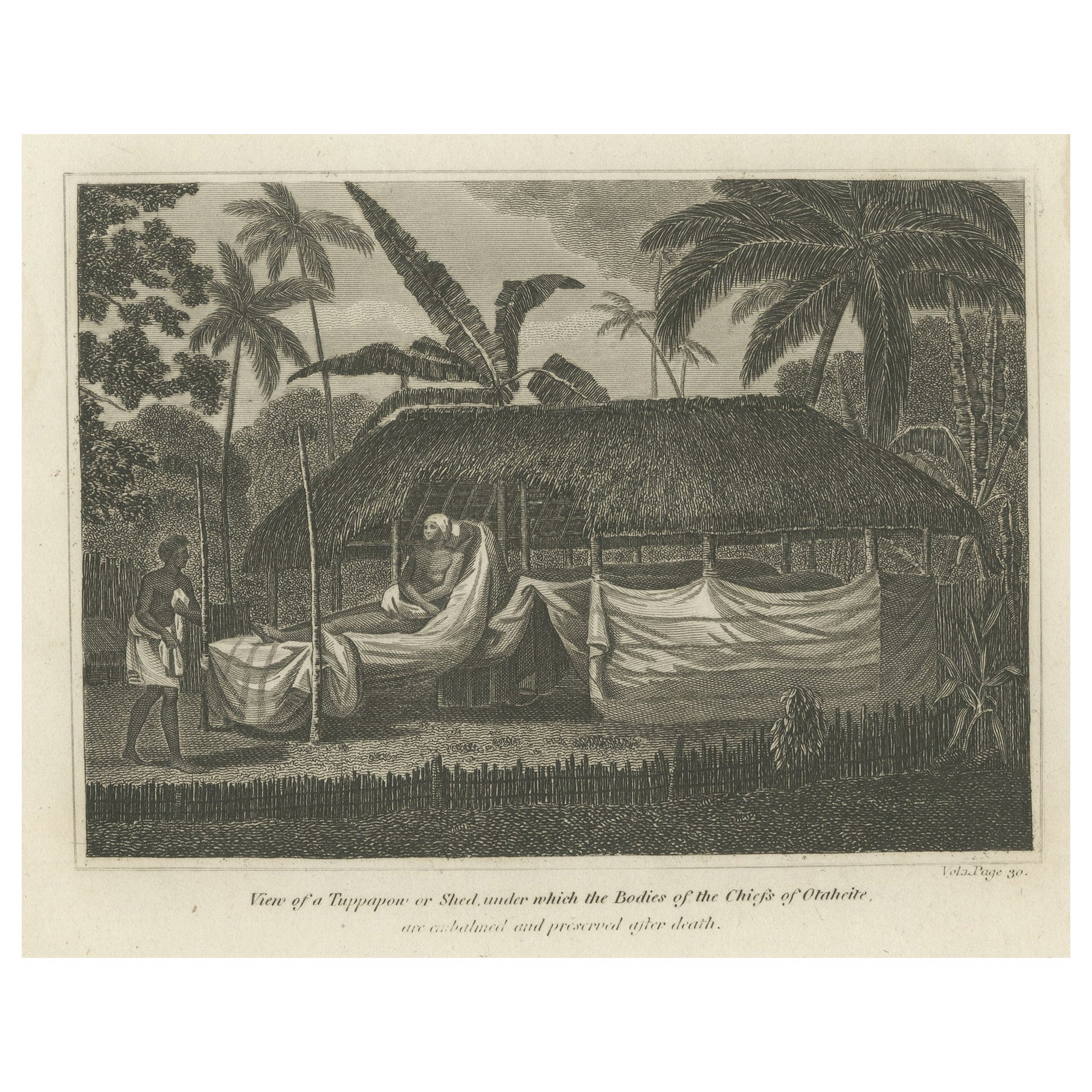 Mourning the Chief: Engraving of The Morai at Otaheite, now called Tahiti, 1817  For Sale