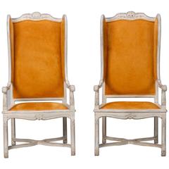 Pair of Louis XV Style High Back Framed Wing Chairs with Suede Upholstery
