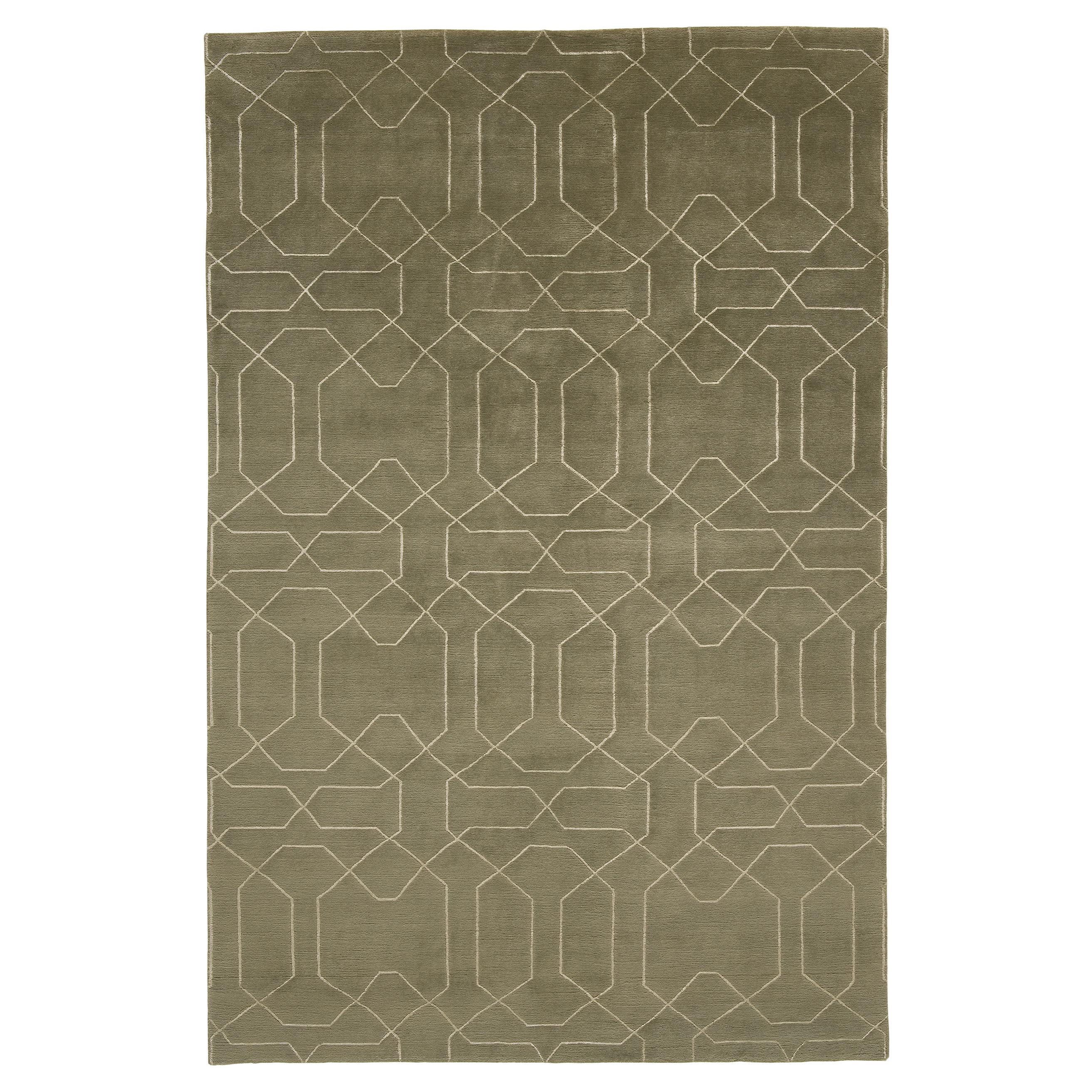 Luxury Modern Hand-Knotted Honeycomb Olive 12x15 Rug For Sale