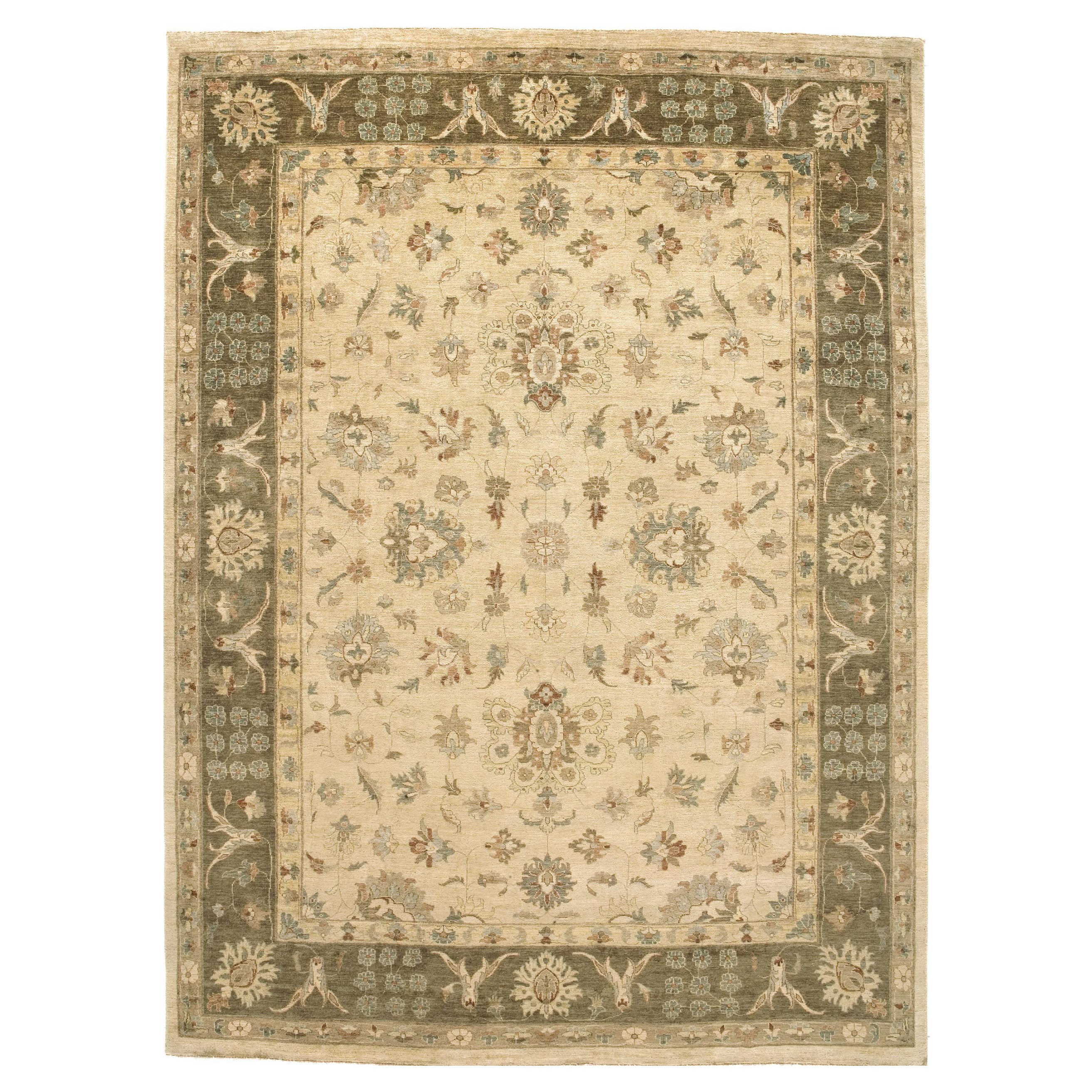 Luxury Traditional Hand-Knotted Kashan Cream& Brown 12x18 Rug For Sale