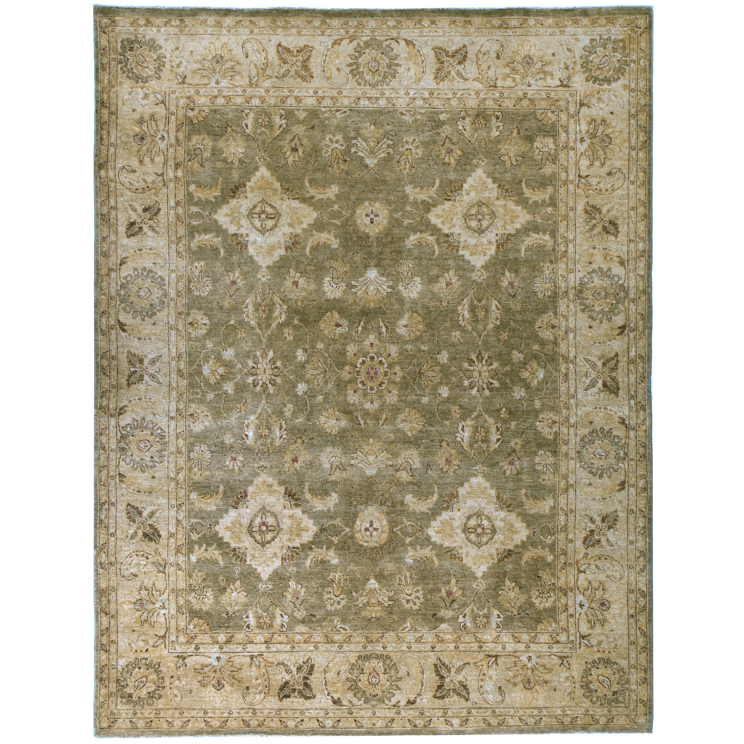 Luxury Traditional Hand-Knotted Yezd Khaki & Gold 12X24 Rug For Sale