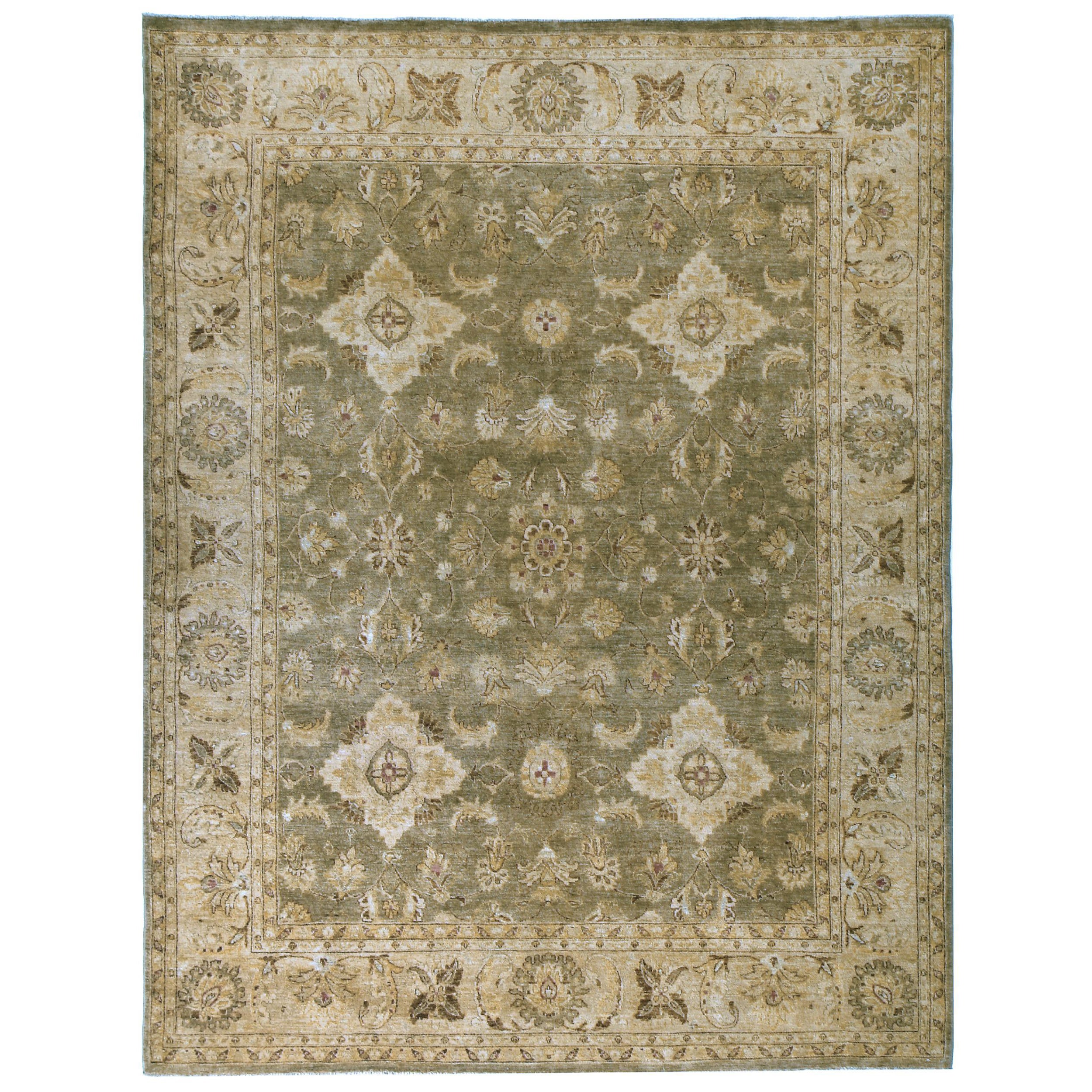 Luxury Traditional Hand-Knotted Yezd Khaki & Gold 12x24 Rug For Sale