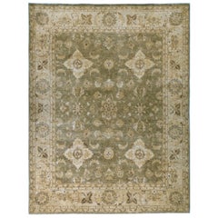 Luxury Traditional Hand-Knotted Yezd Khaki & Gold 12x24 Rug