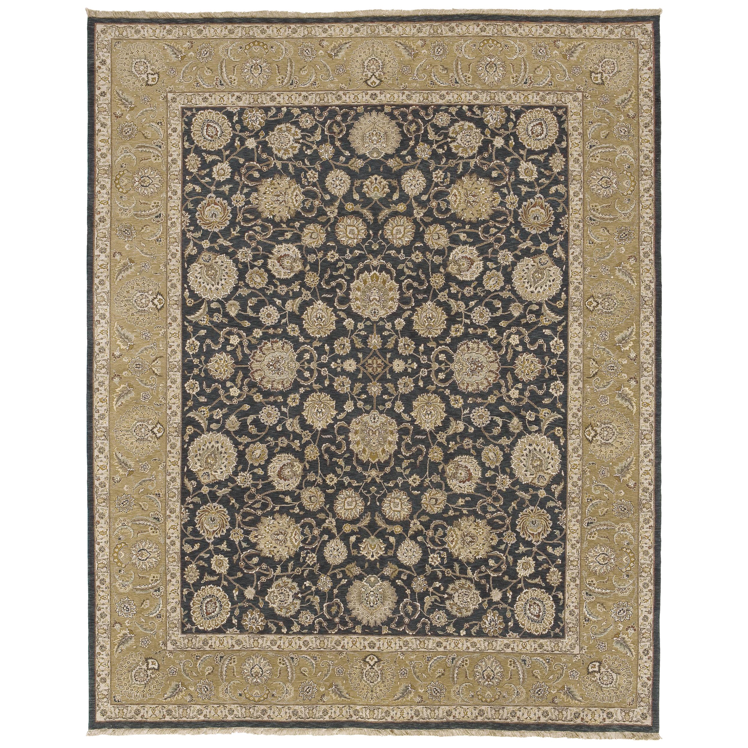 Luxury Traditional Hand-Knotted Kashan Black  & Gold 12x18 Rug For Sale
