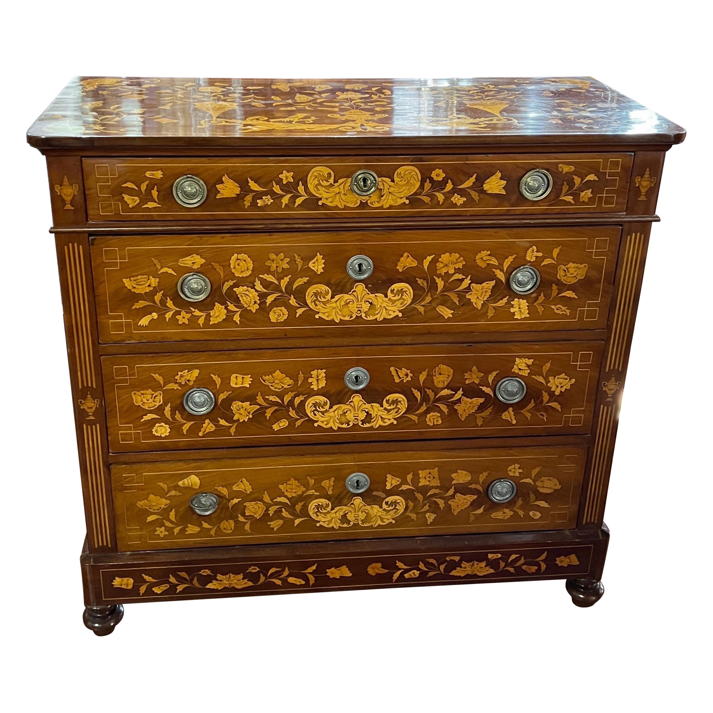 19th Century Holland Charles X Mahogany Inlaid Chest of Drawers 1820s For Sale