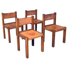 Vintage 1960's Elm & Cognac Leather Dining room Chairs set in the manner of Pierre Chapo