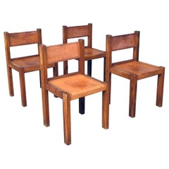 1960's Elm & Cognac Leather Dining room Chairs set in the manner of Pierre Chapo