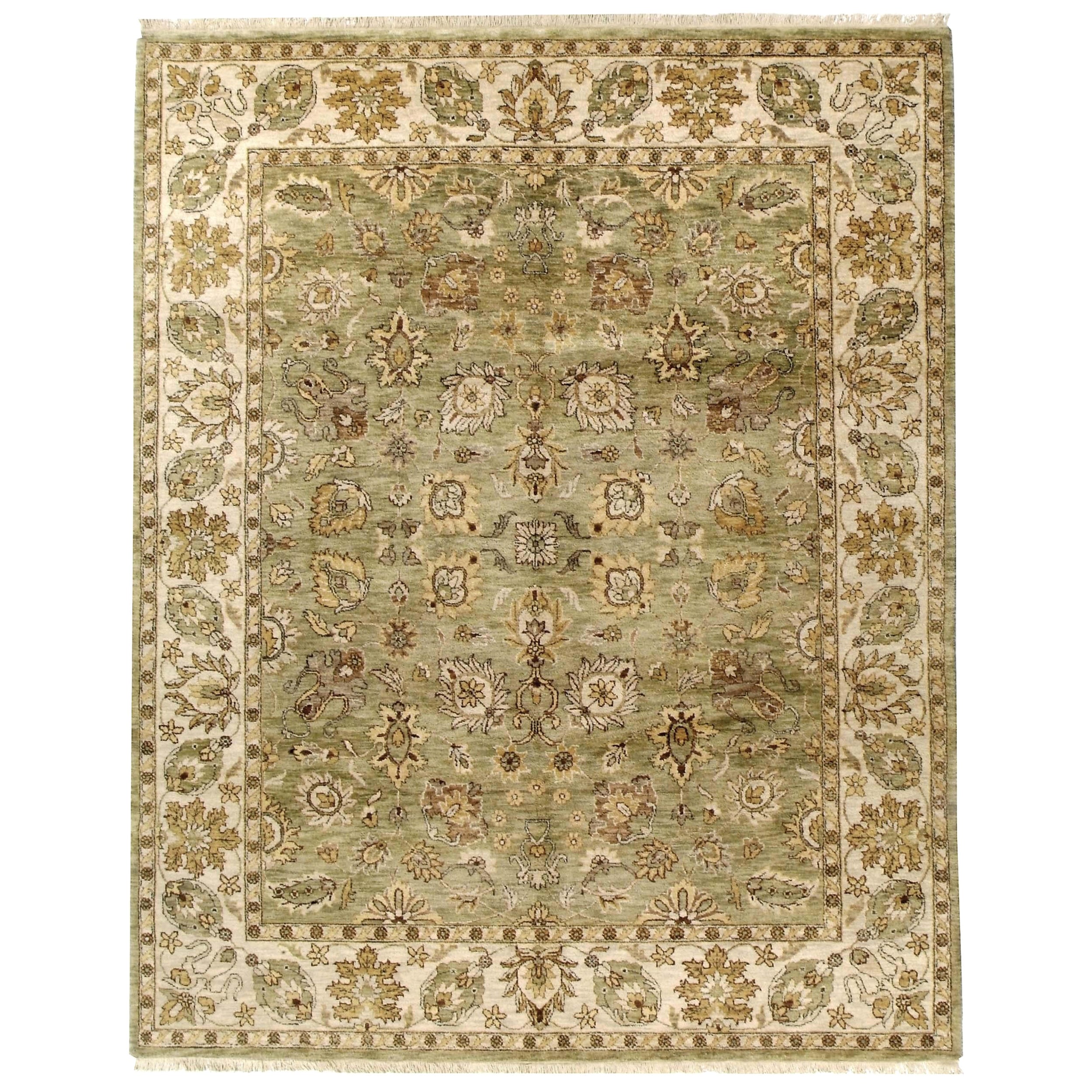 Tapis traditionnel Kashan, noué à la main, vert clair et crème 14X24