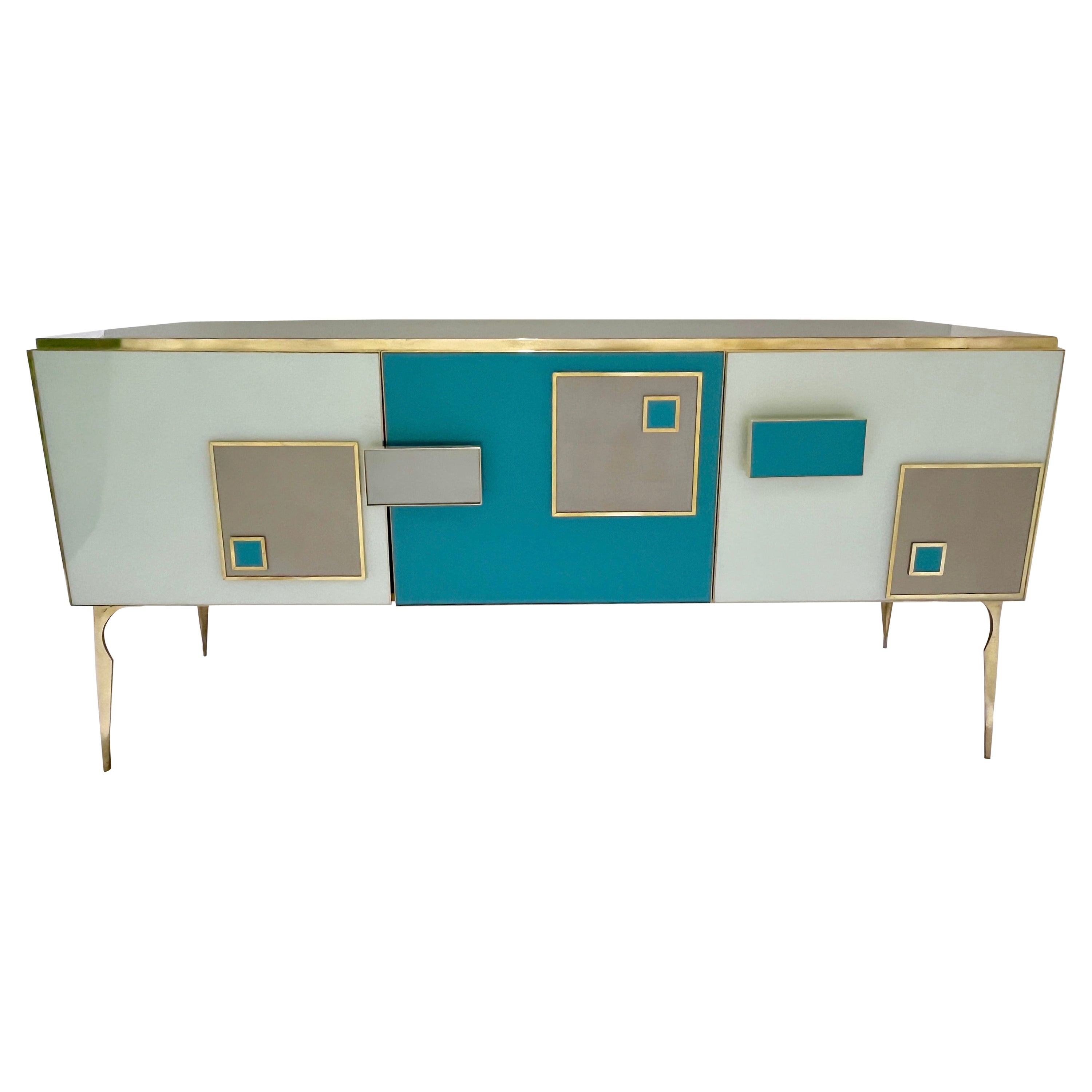 Modern Italian Ivory Gray Teal Blue Geometric Postmodern Brass Cabinet Sideboard For Sale