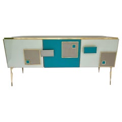 The Moderns Italian Ivory Gray Teal Blue Geometric Postmodern Brass Cabinet Sideboard