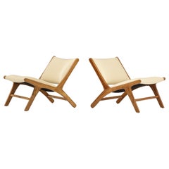 Olivier De Schrijver Pair of Oak and Leather Chairs,  Signed & Numbered