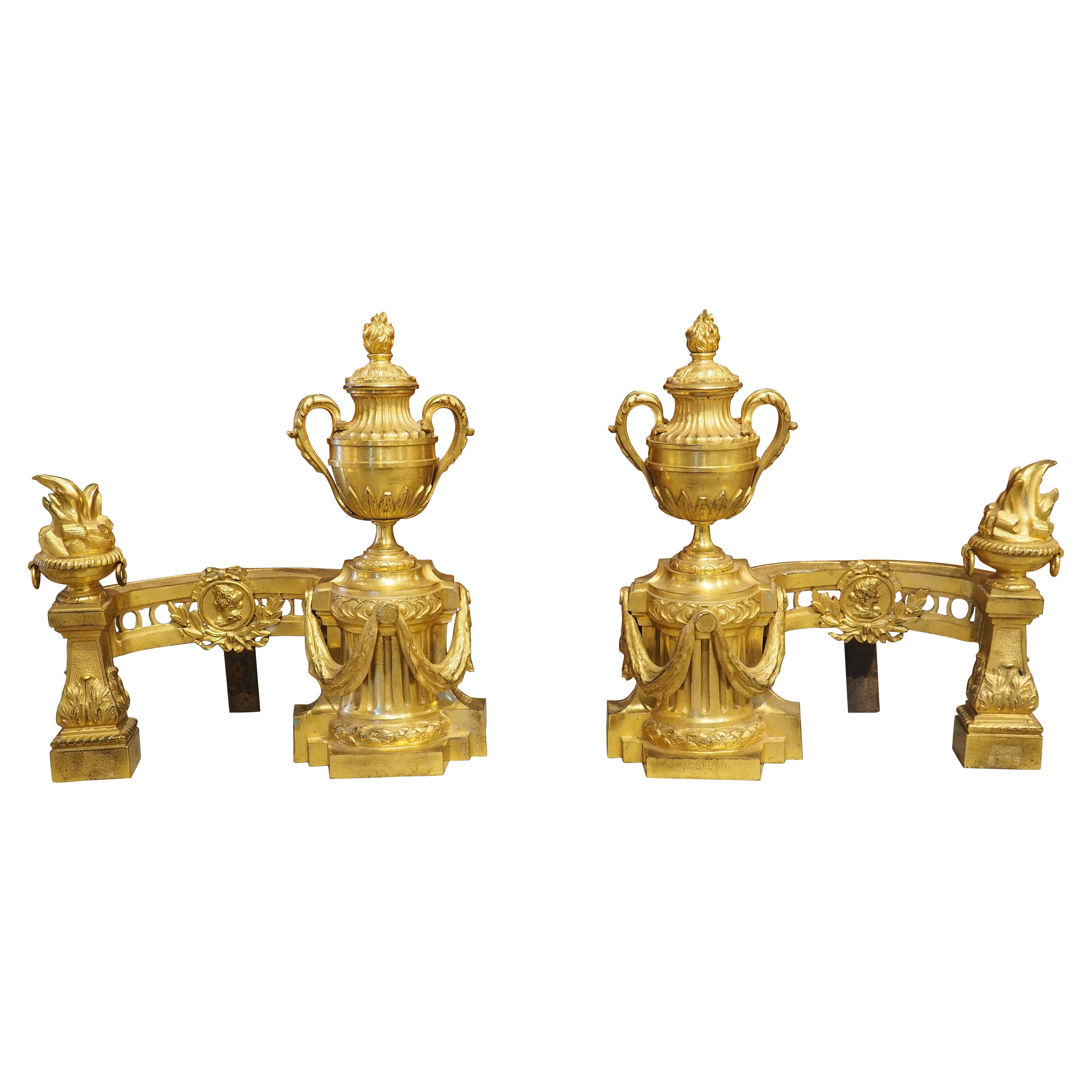 Pair of French Louis XVI Style Bronze Doré Fireplace Chenets, Circa 1850 For Sale