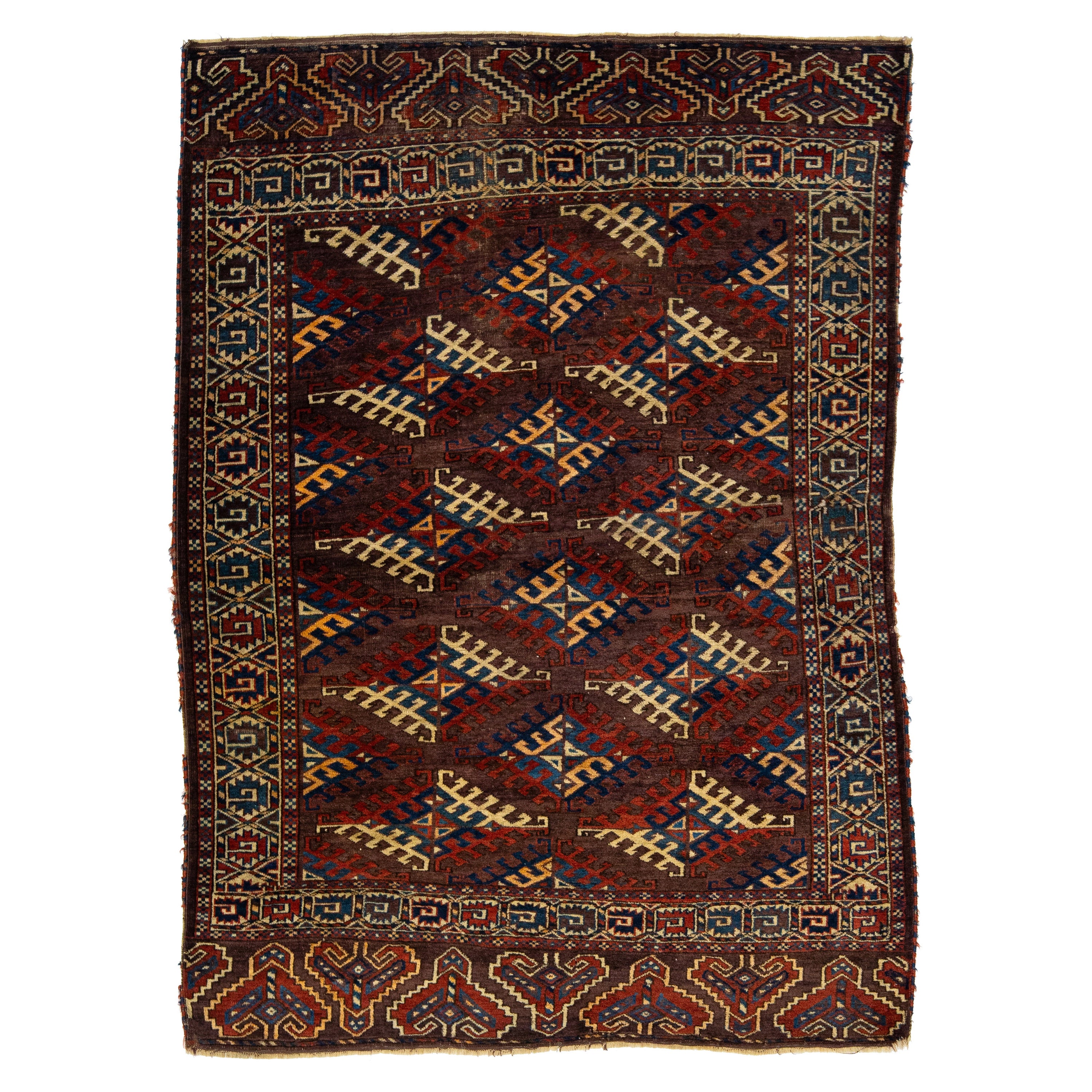 1890s Antique Geometric Wool Rug Afghan Turkmen In Brown For Sale
