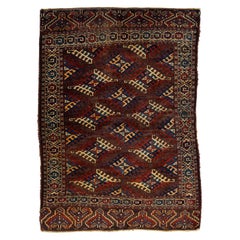 1890s Antique Geometric Wool Rug Afghan Turkmen In Brown